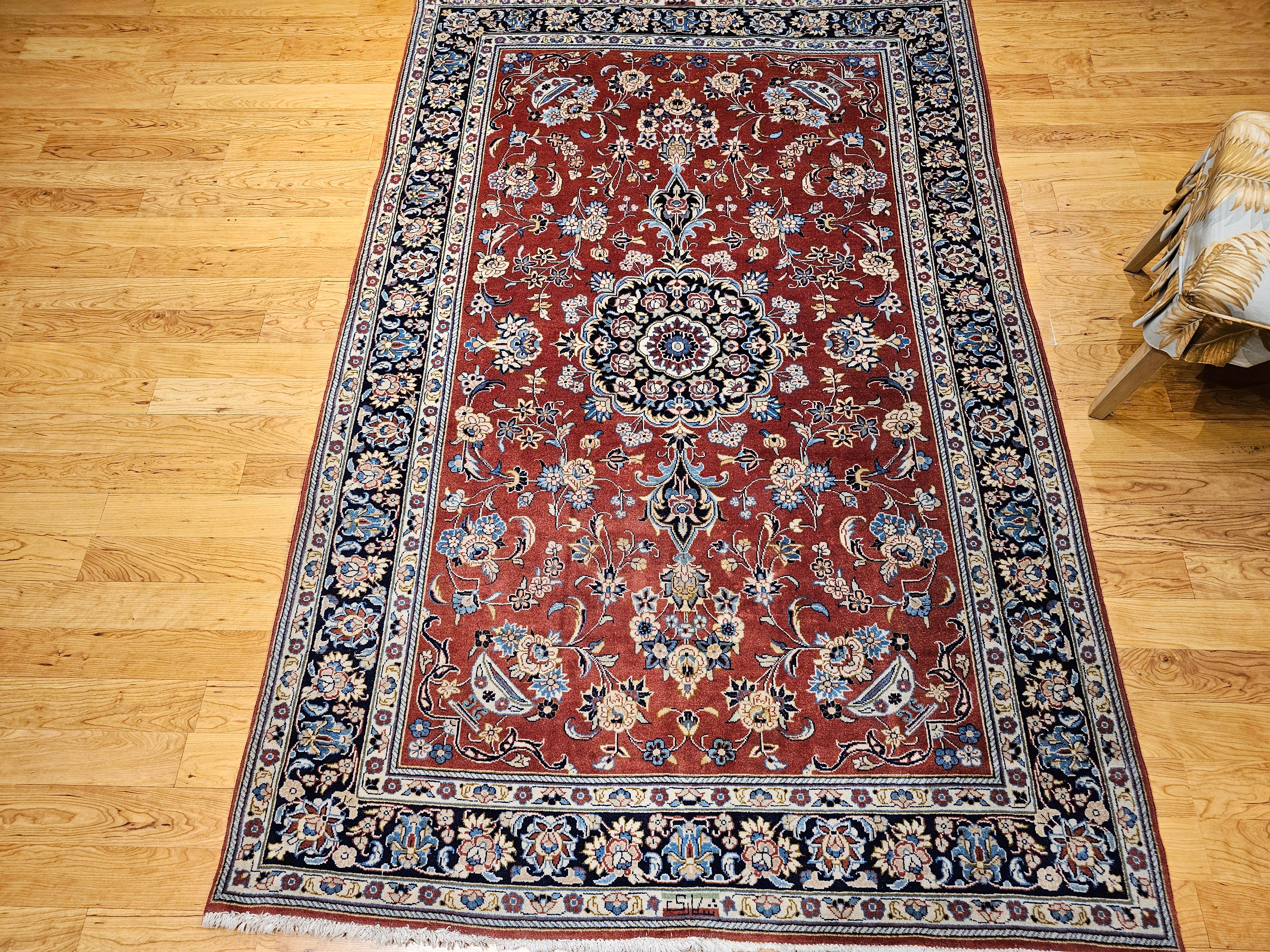 Vintage Persian Yazd in Floral Pattern in Brick Red, Navy, Blue, Ivory, Pink For Sale 7