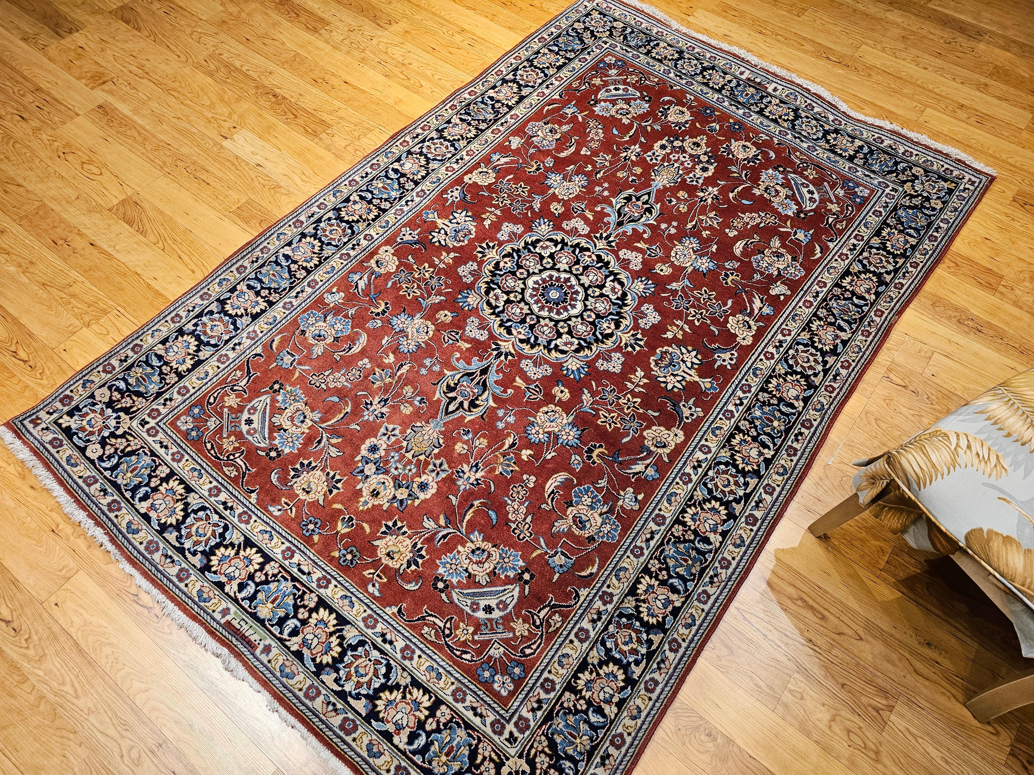 Vintage Persian Yazd in Floral Pattern in Brick Red, Navy, Blue, Ivory, Pink For Sale 9