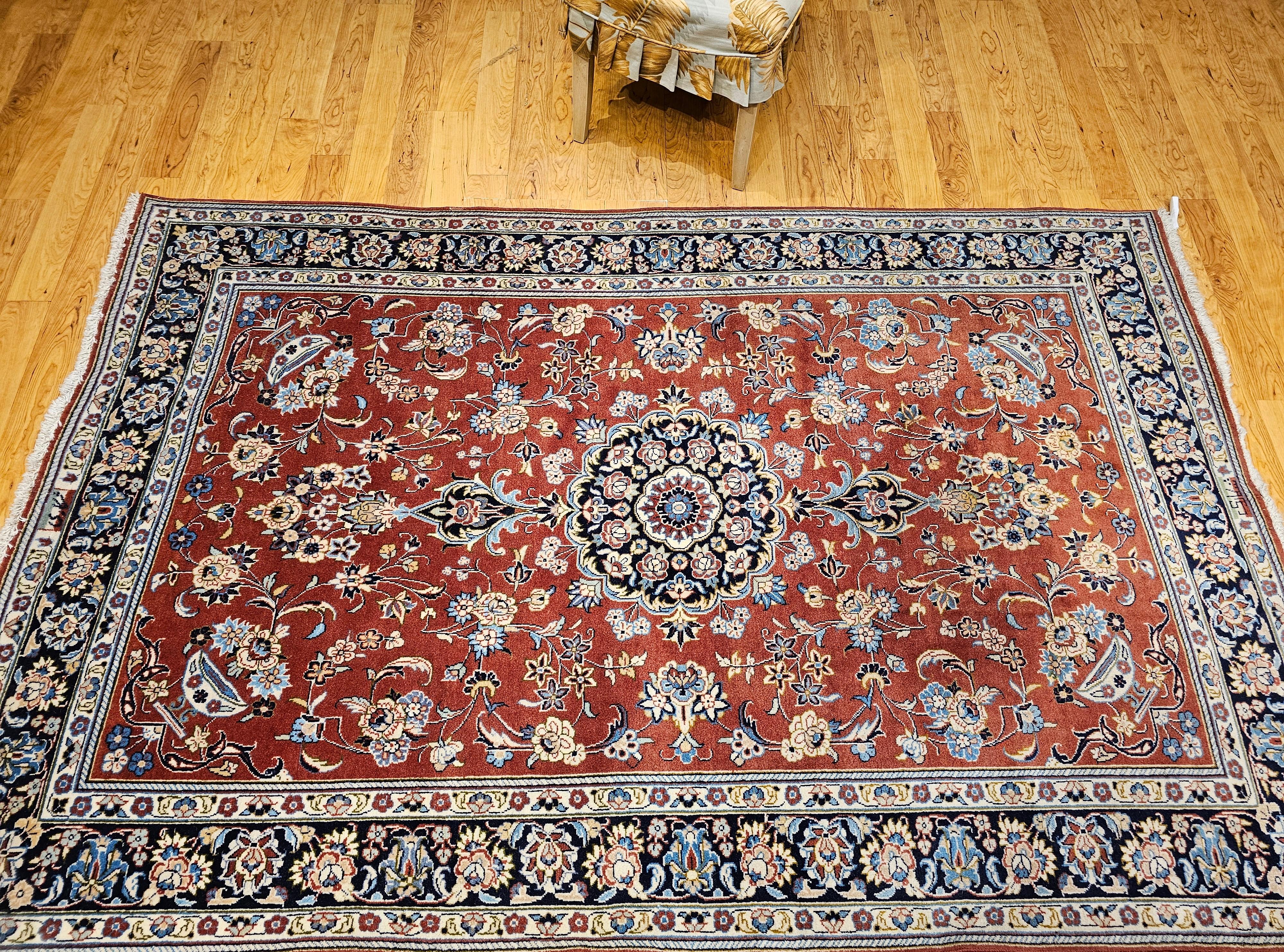 Vintage Persian Yazd in Floral Pattern in Brick Red, Navy, Blue, Ivory, Pink For Sale 10