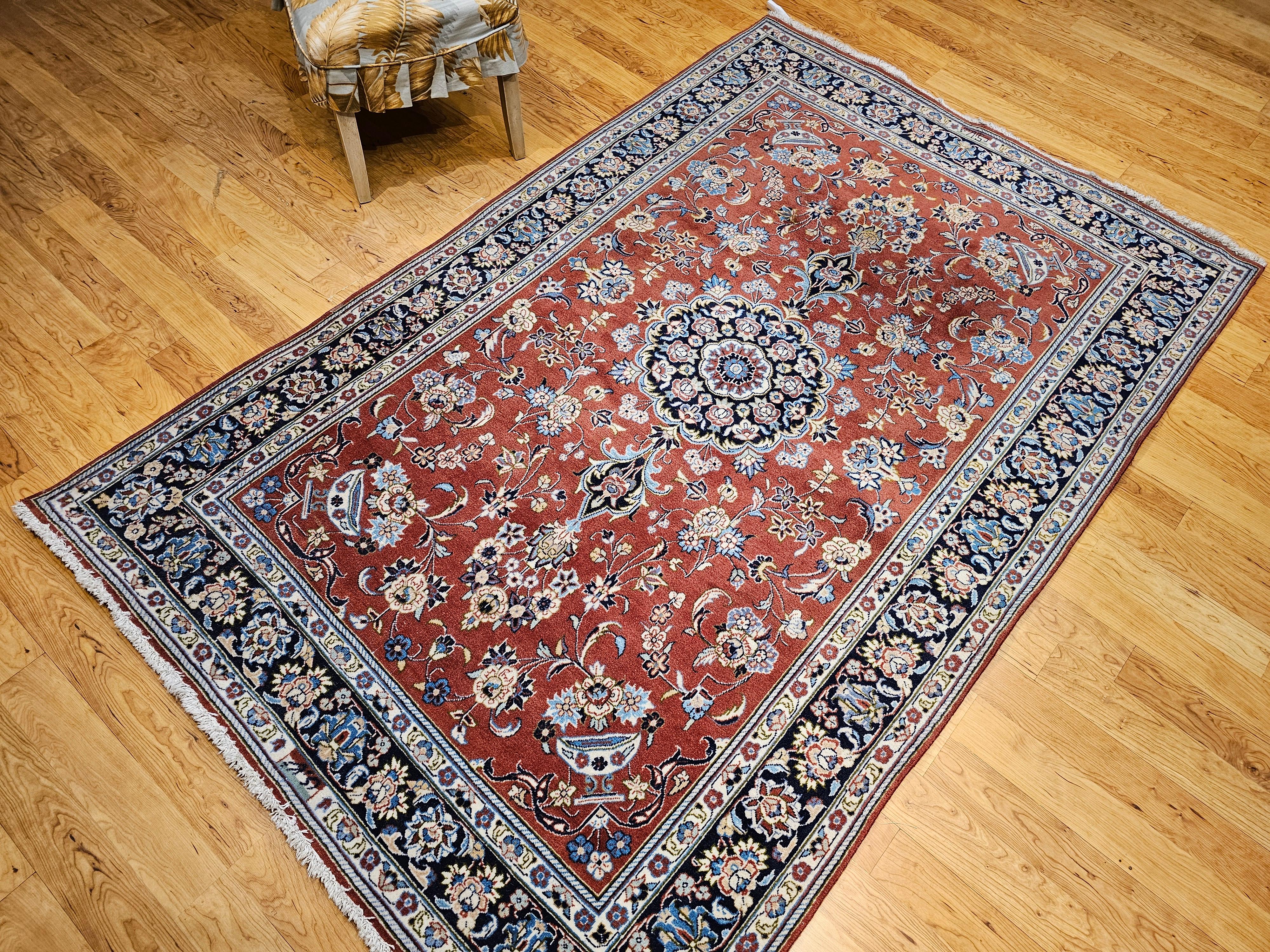 Vintage Persian Yazd in Floral Pattern in Brick Red, Navy, Blue, Ivory, Pink For Sale 12