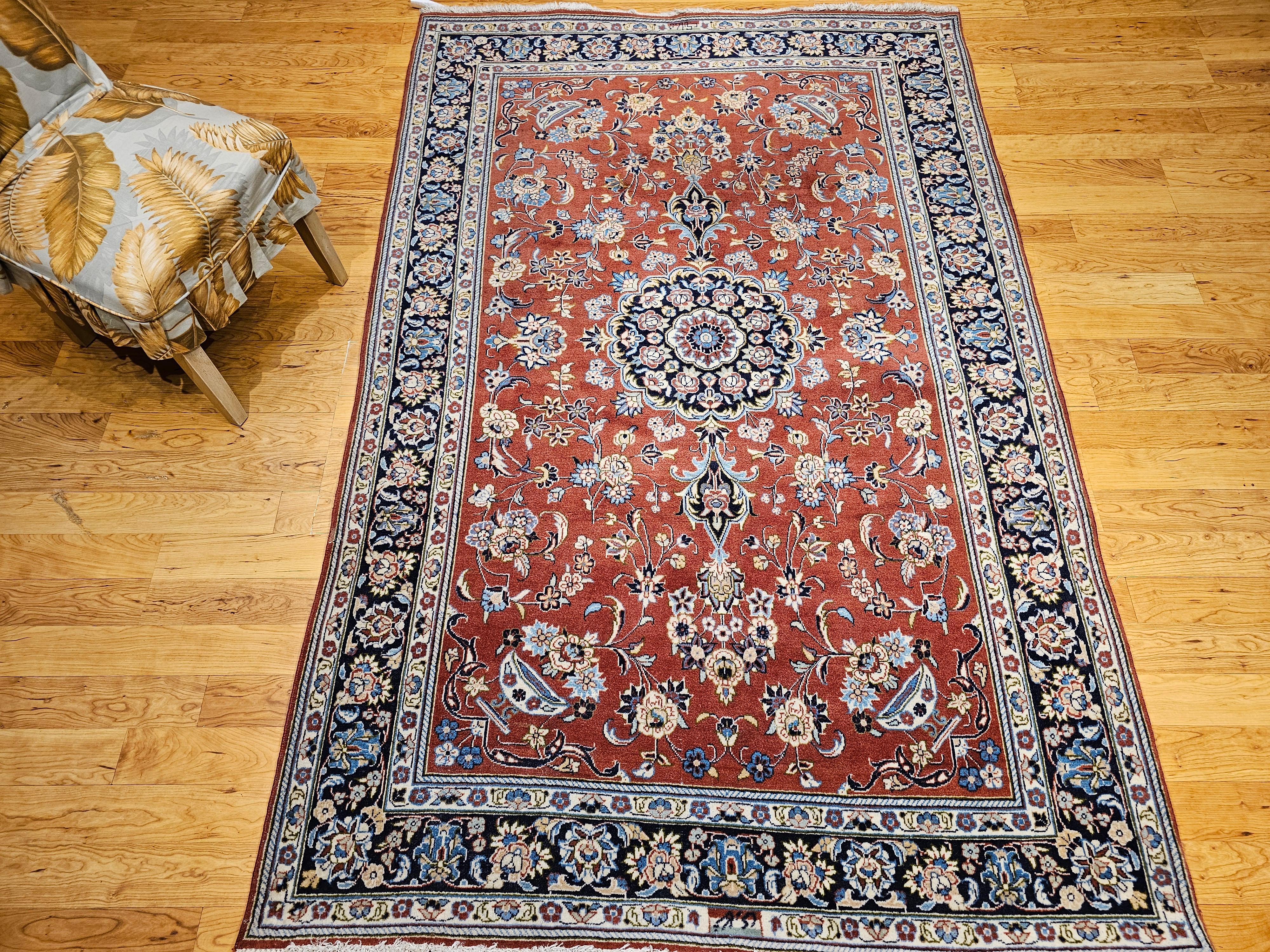 Vintage Persian Yazd in Floral Pattern in Brick Red, Navy, Blue, Ivory, Pink For Sale 13