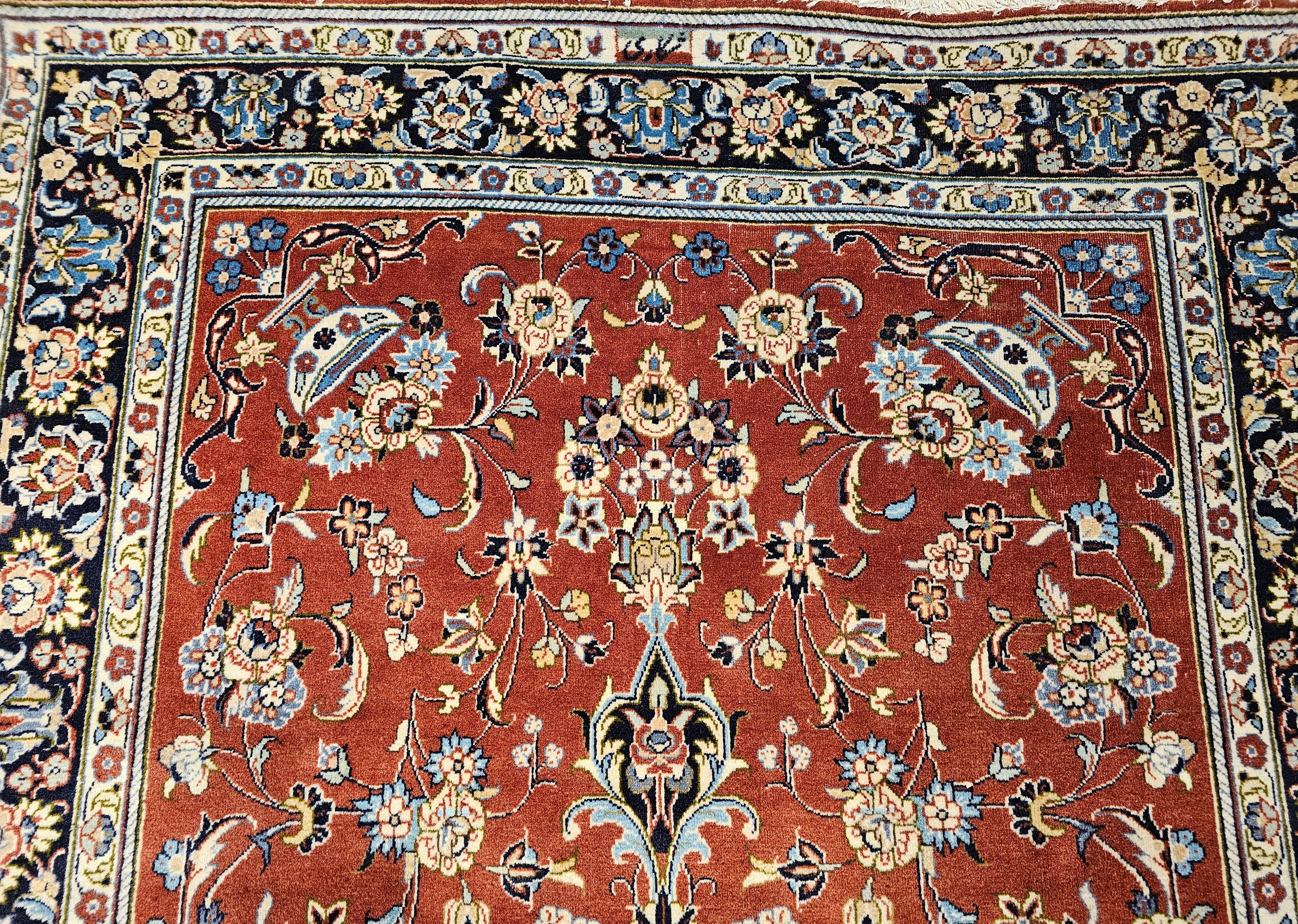 Vegetable Dyed Vintage Persian Yazd in Floral Pattern in Brick Red, Navy, Blue, Ivory, Pink For Sale