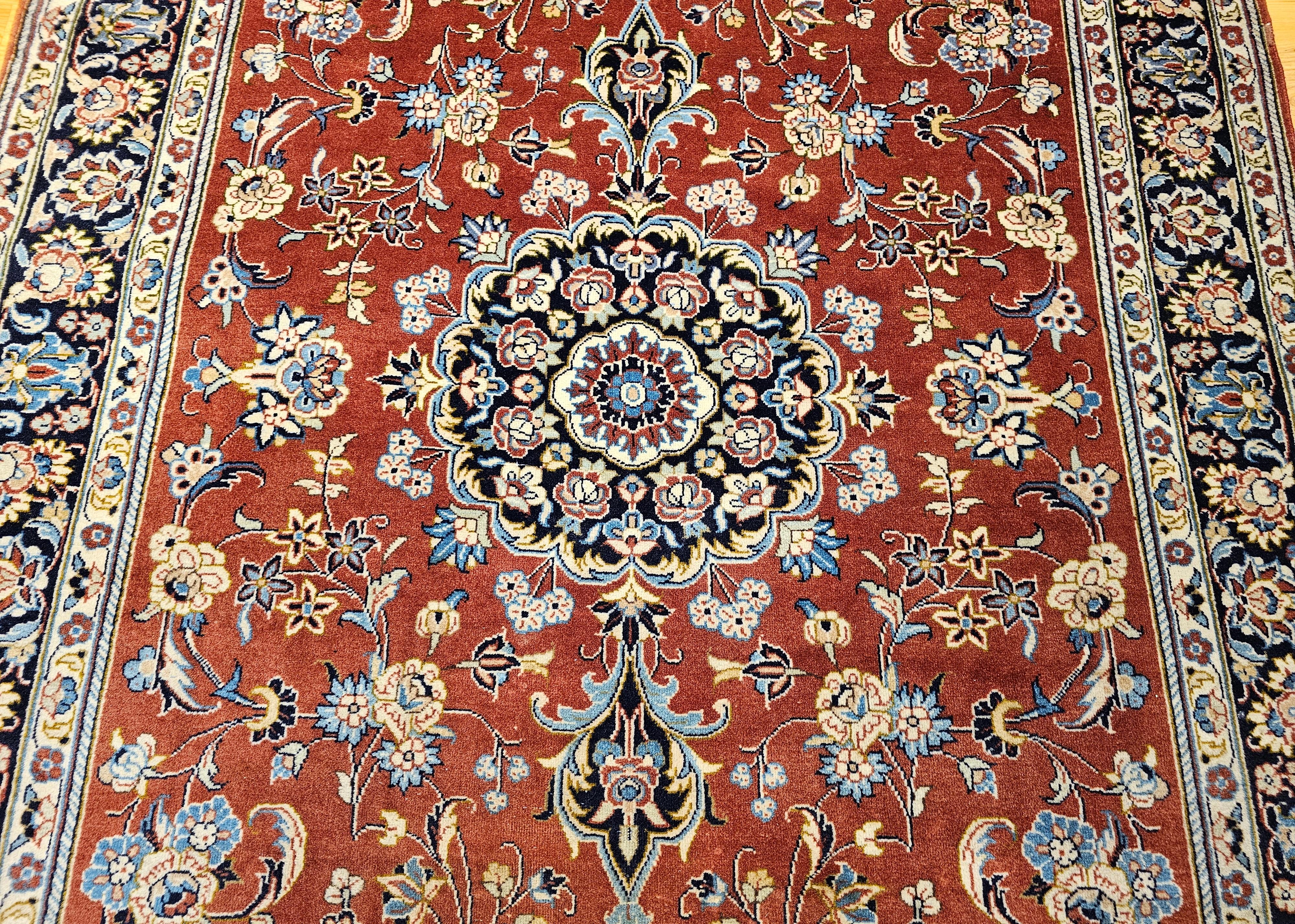 Vintage Persian Yazd in Floral Pattern in Brick Red, Navy, Blue, Ivory, Pink In Good Condition For Sale In Barrington, IL