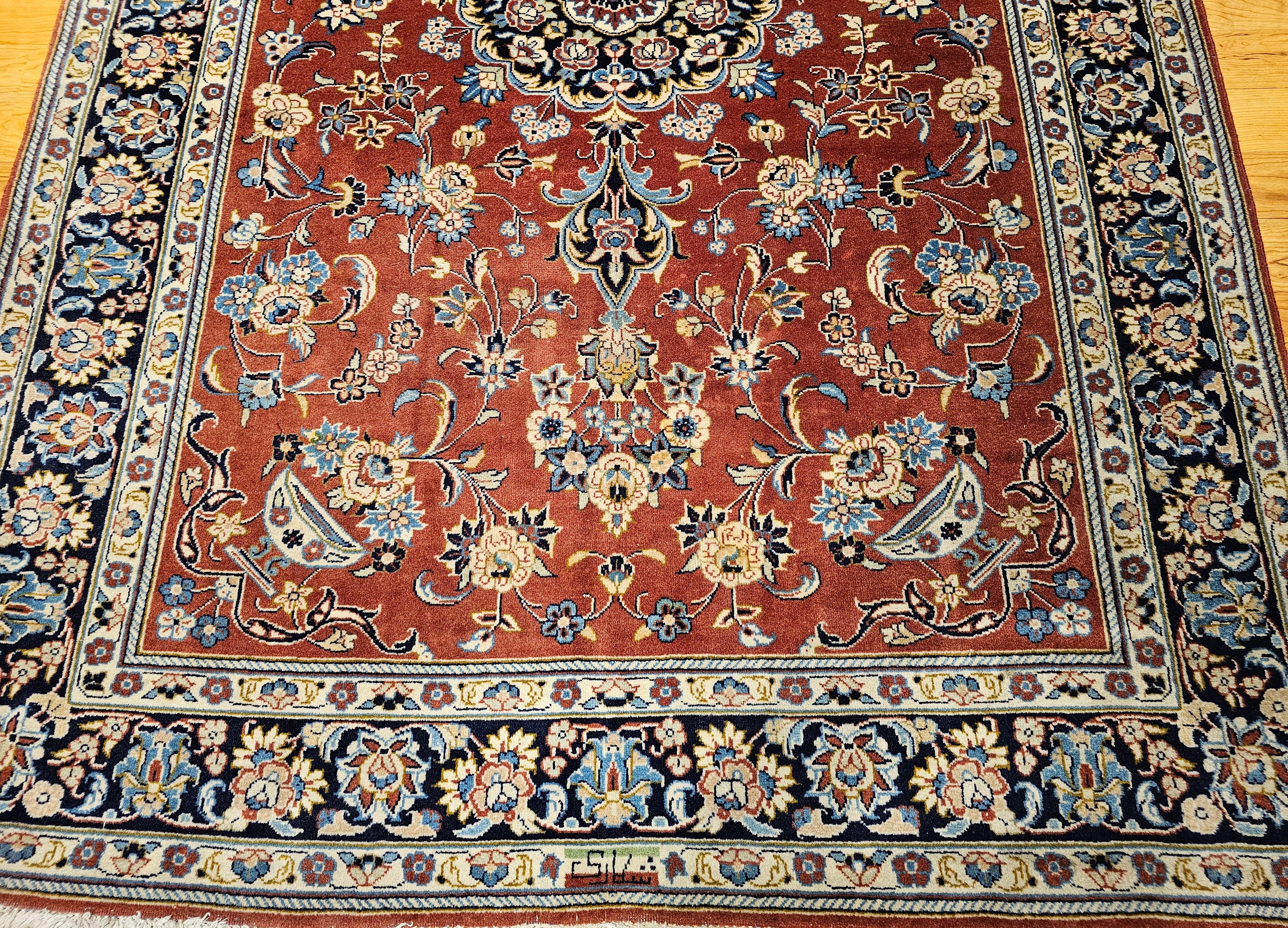 Mid-20th Century Vintage Persian Yazd in Floral Pattern in Brick Red, Navy, Blue, Ivory, Pink For Sale