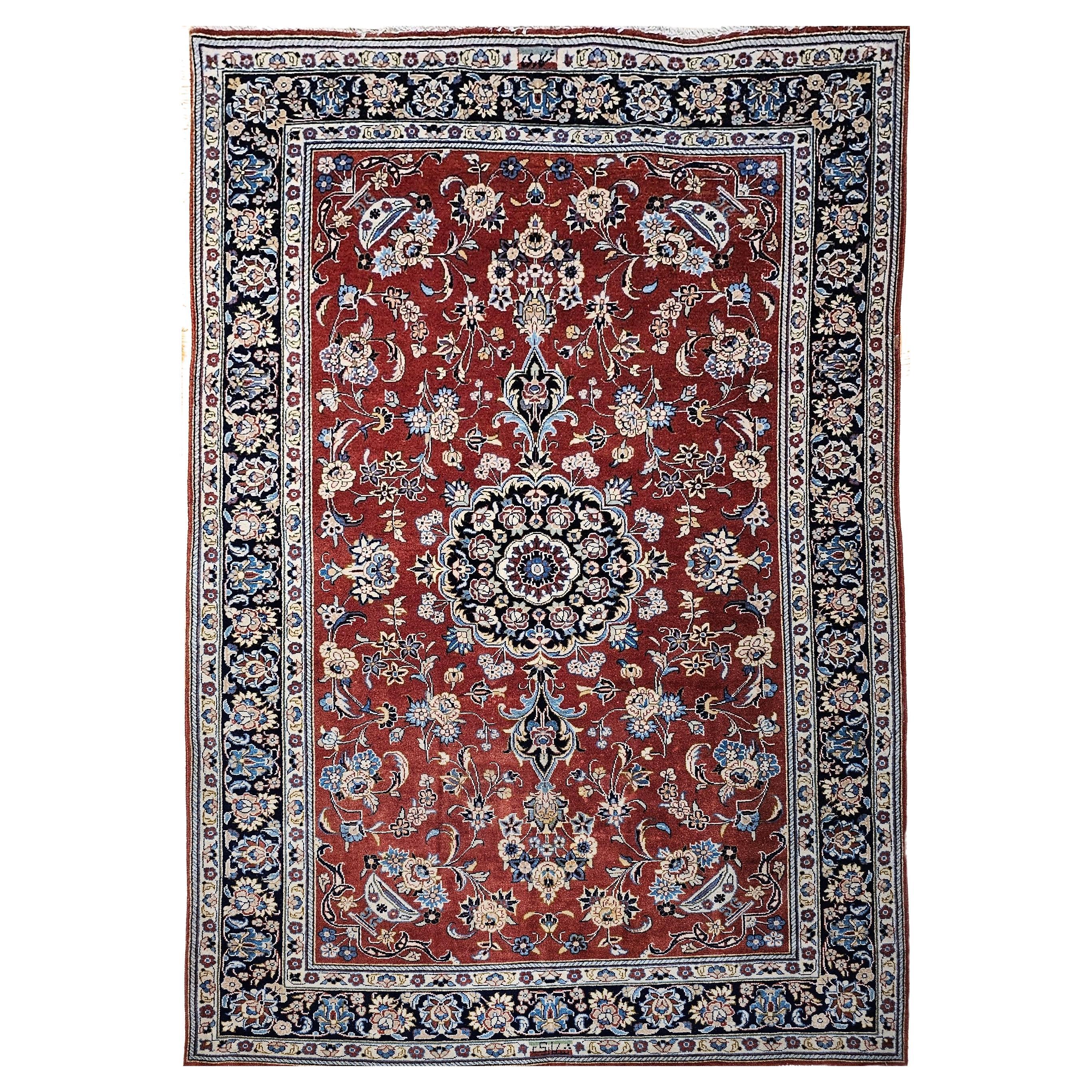 Vintage Persian Yazd in Floral Pattern in Brick Red, Navy, Blue, Ivory, Pink