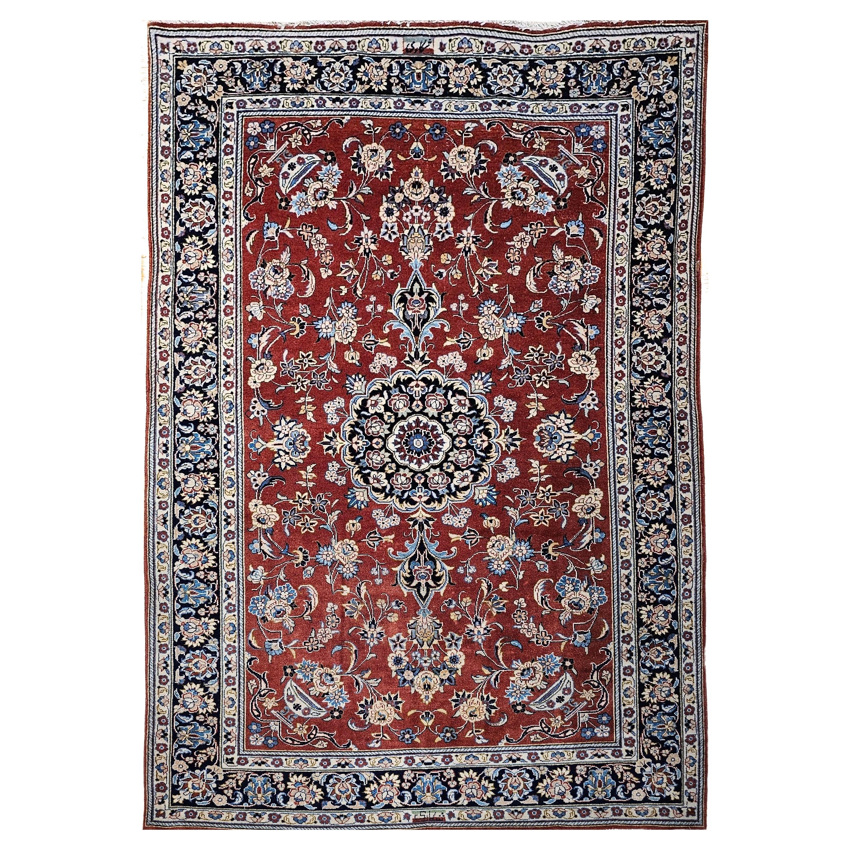 Persischer Yazd im Vintage-Stil in Ziegelrot, Marineblau, Blau, Elfenbein, Rosa