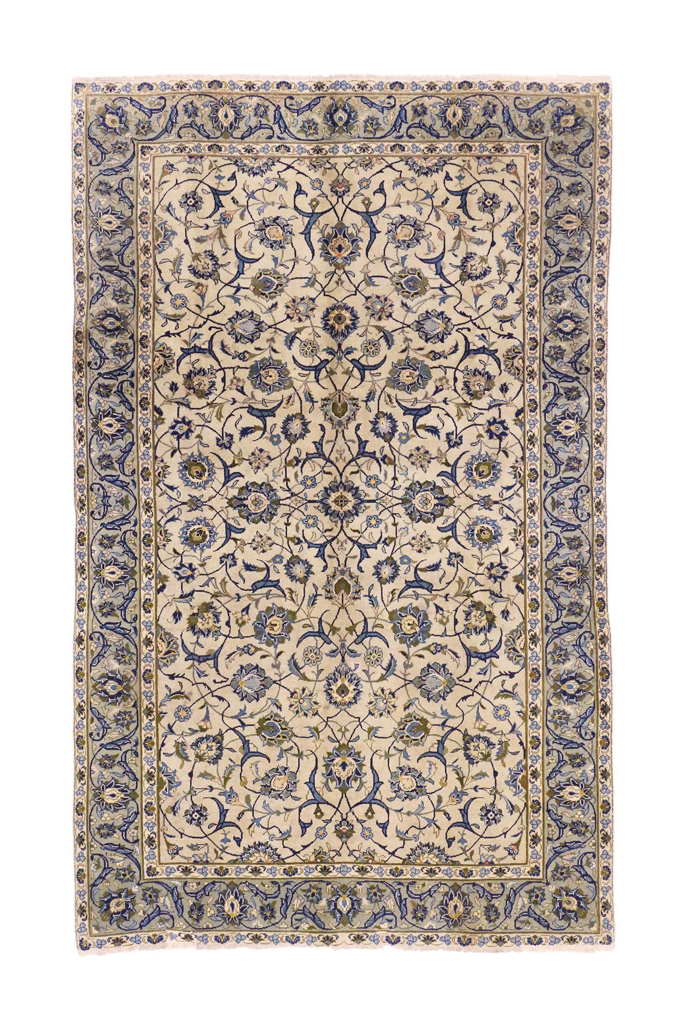 Wool Vintage Ivory Persian Yazd Rug, Timeless Sophistication Meets Neoclassical Style For Sale