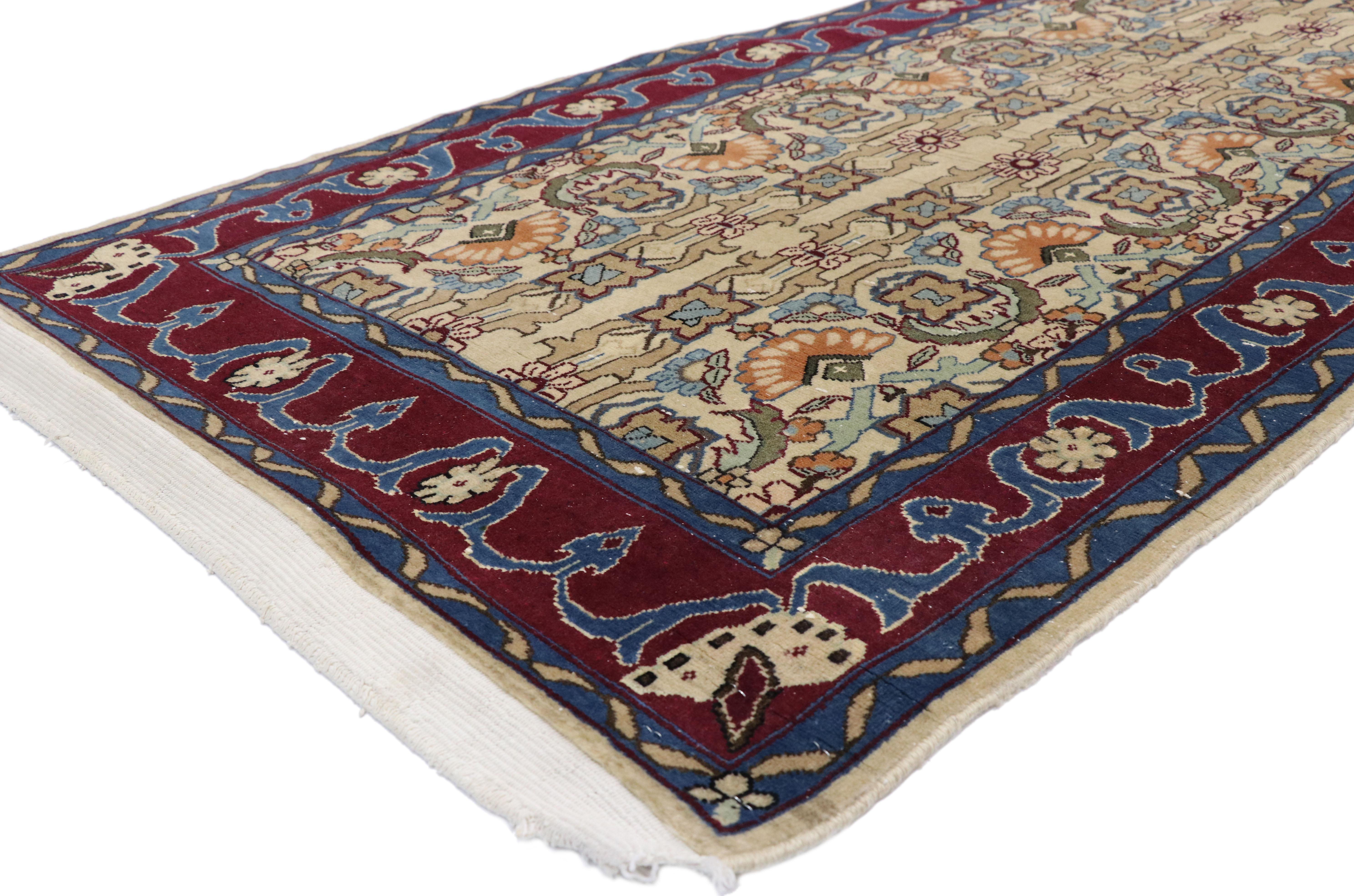 76575 vintage Persian Yazd runner, long hallway runner. Displaying balanced symmetry and bold botanical pattern, this hand knotted wool vintage Persian Yazd runner astounds with its beauty. It features an intricate geometric pattern composed of