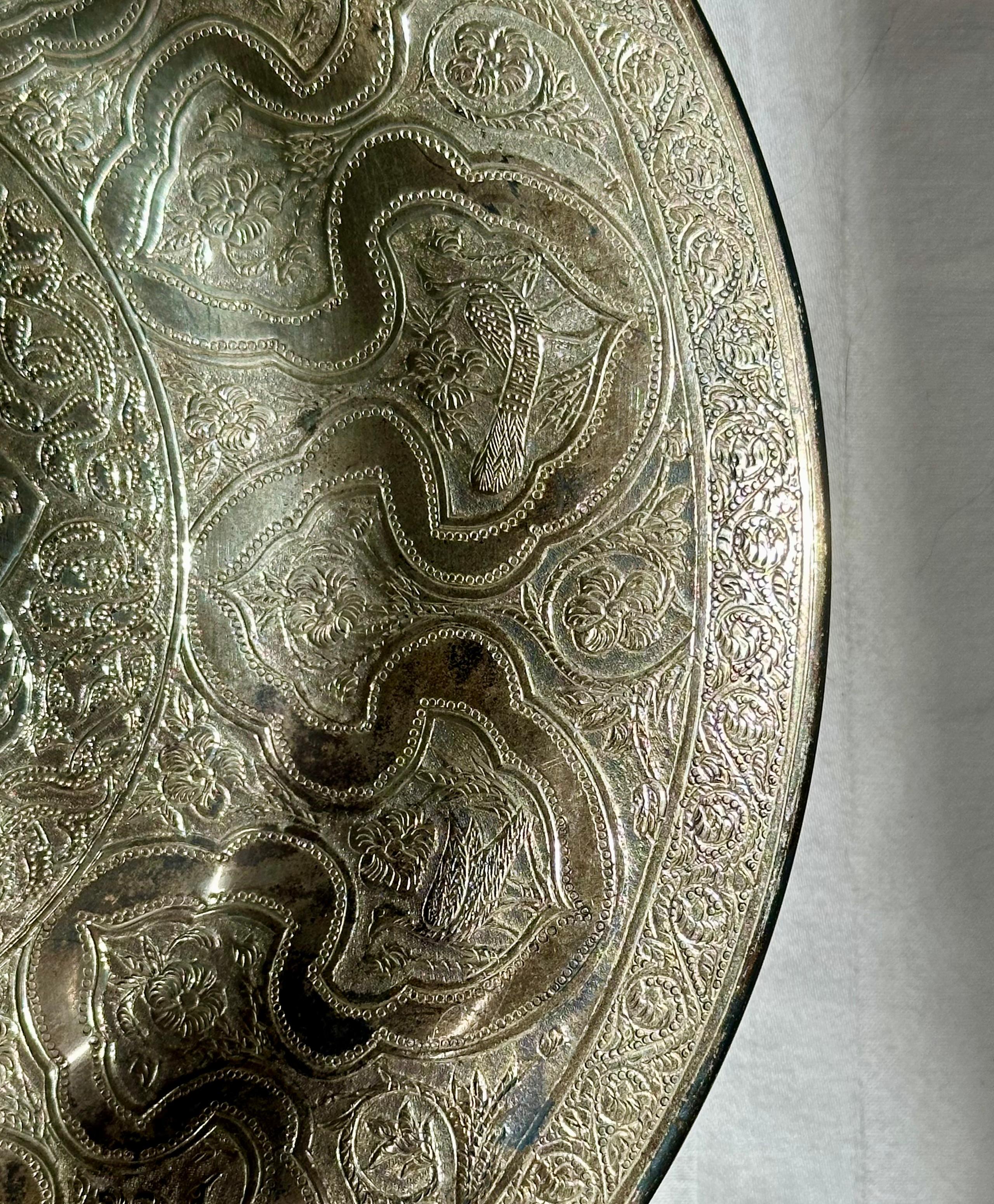 Silver Plate Vintage Persian Zandi Middle Eastern Islamic Round S Brass Platter. For Sale