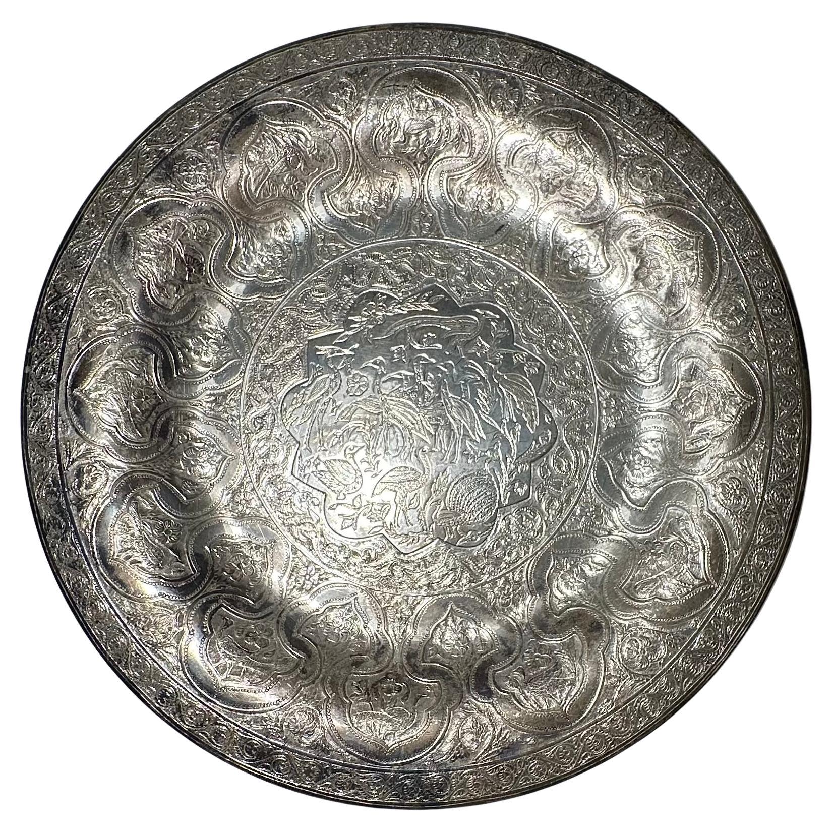 Vintage Persian Zandi Middle Eastern Islamic Round S Brass Platter. For Sale