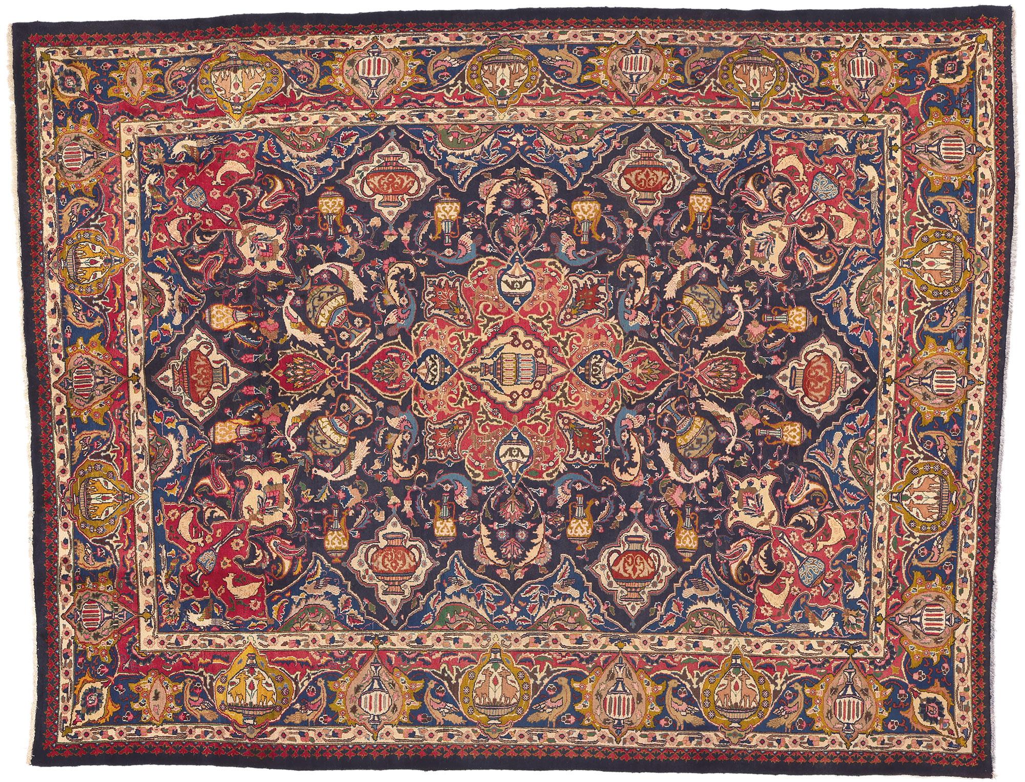 Persischer Zir Khaki Mashhad-Teppich im Vintage-Stil, Jugendstil trifft weltweite Schätze im Angebot 3