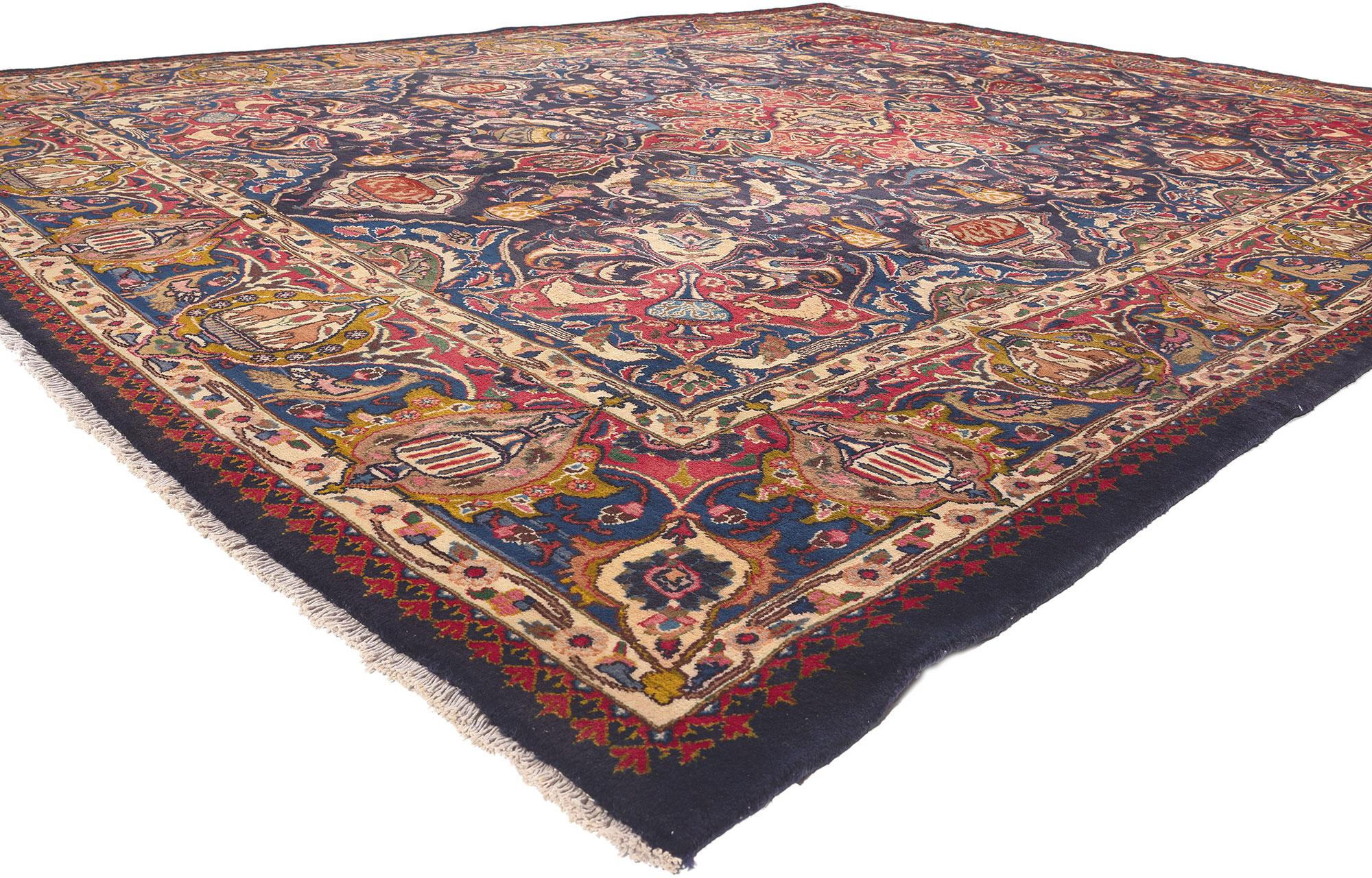 75520 Vintage Persian Mashhad Rug, 09'07 x 12'10.
Art Nouveau meets worldly treasures in this hand knotted wool vintage Persian Mashhad rug. The Zir Khaki design and sophisticated color palette woven into this piece work together creating a happy