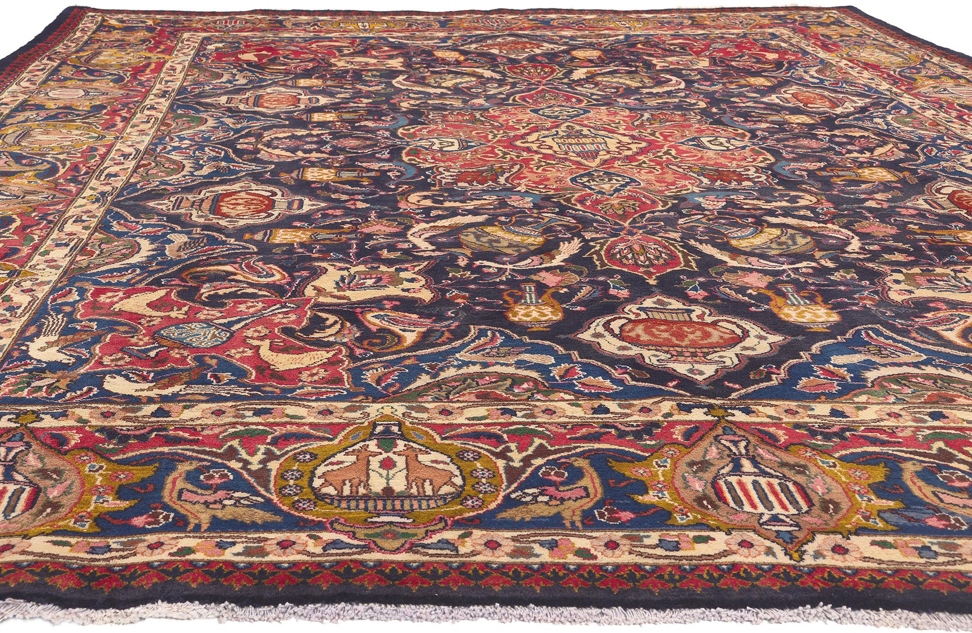 Hand-Knotted Vintage Persian Zir Khaki Mashhad Rug, Art Nouveau Meets Worldly Treasures For Sale