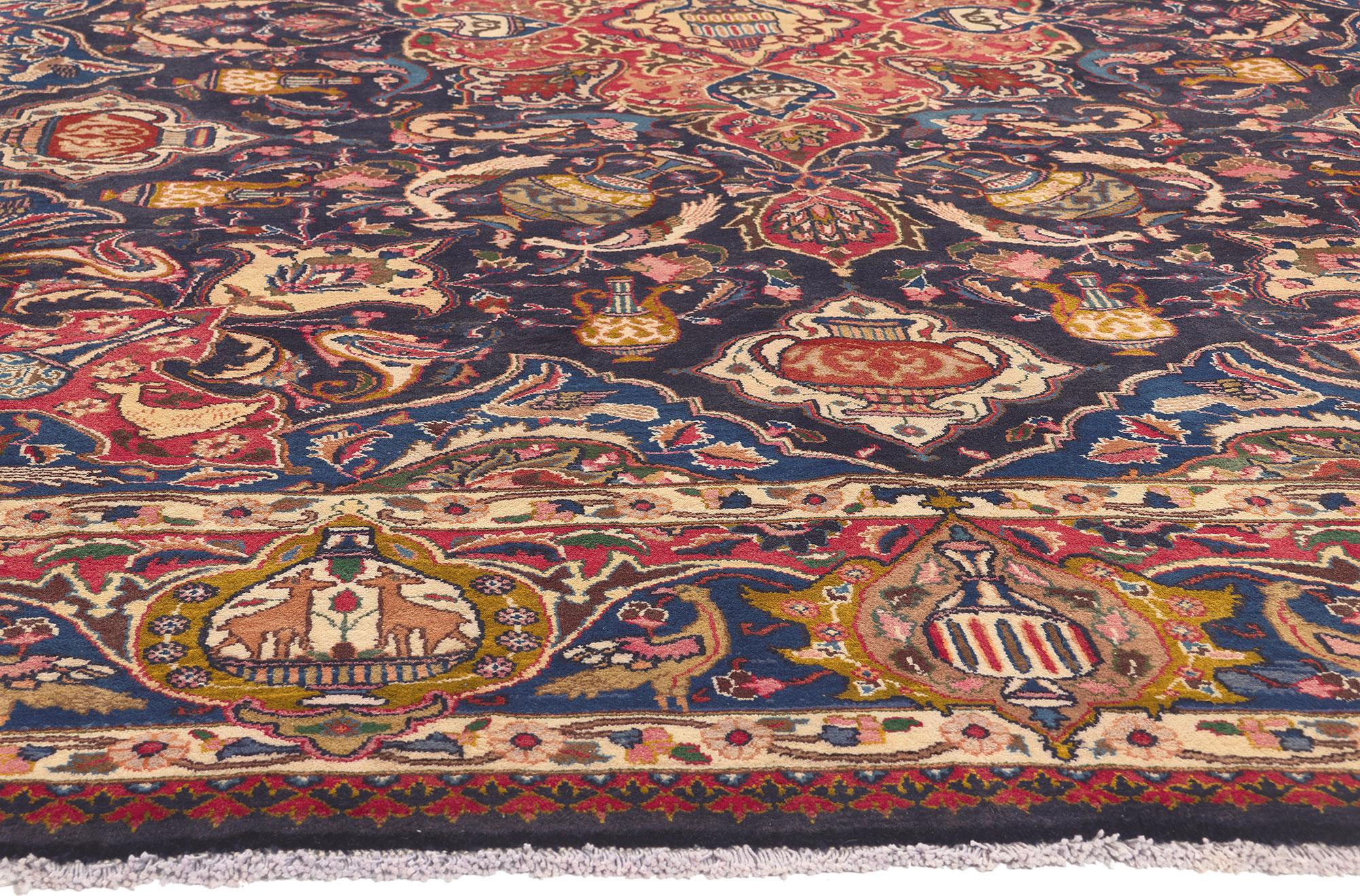 Vintage Persian Zir Khaki Mashhad Rug, Art Nouveau Meets Worldly Treasures In Good Condition For Sale In Dallas, TX