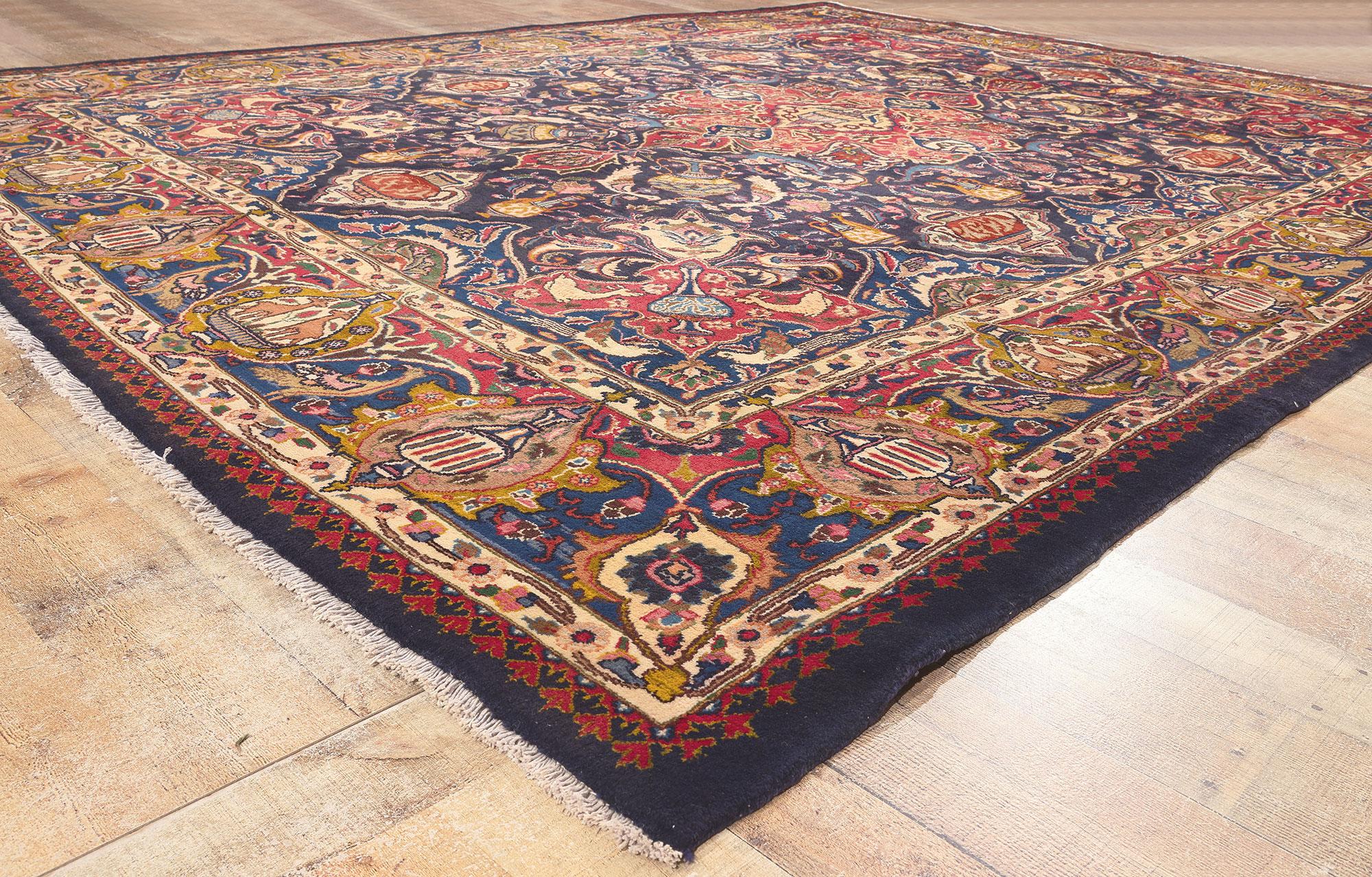 Persischer Zir Khaki Mashhad-Teppich im Vintage-Stil, Jugendstil trifft weltweite Schätze (Wolle) im Angebot