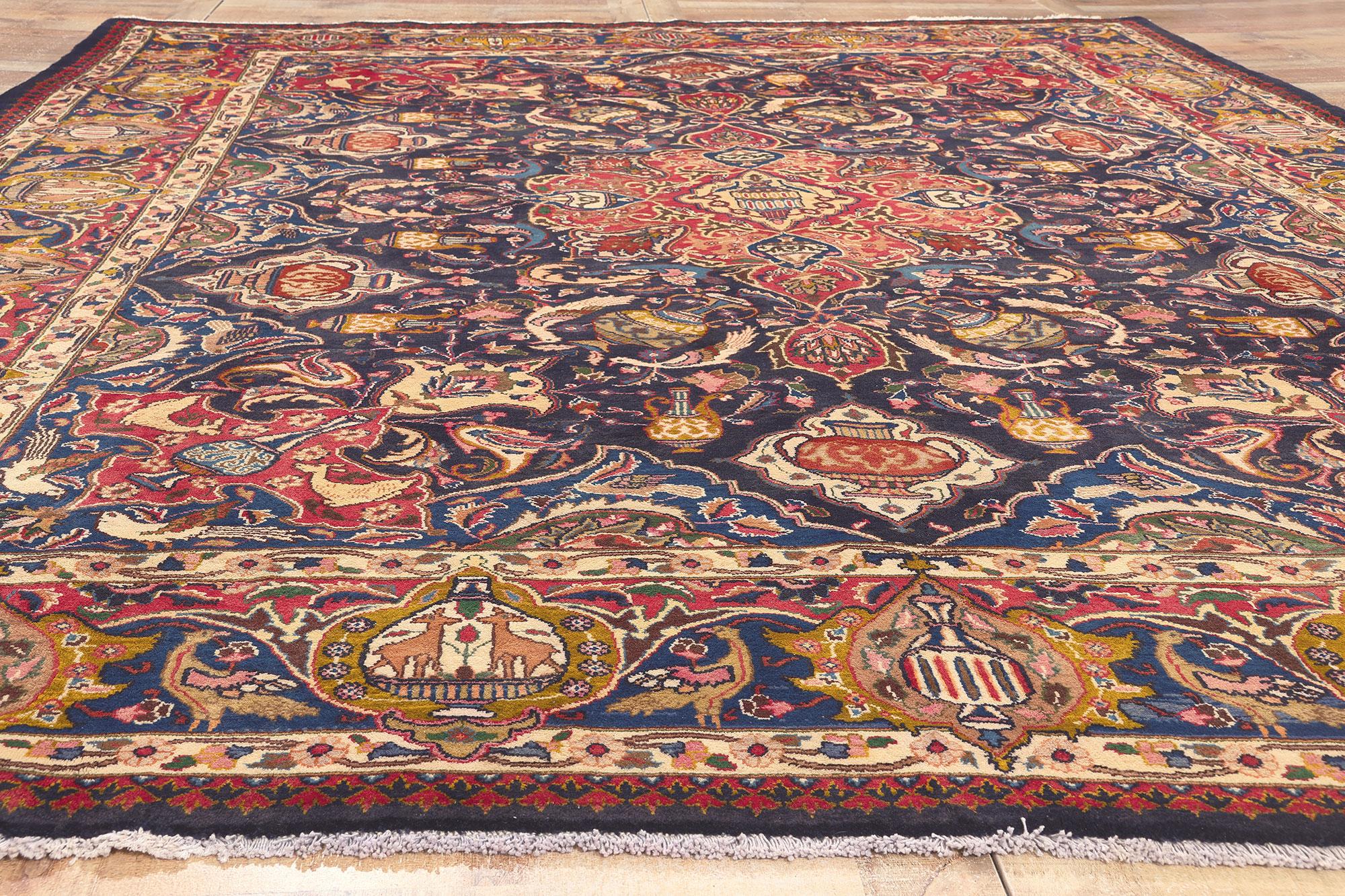 Persischer Zir Khaki Mashhad-Teppich im Vintage-Stil, Jugendstil trifft weltweite Schätze im Angebot 1