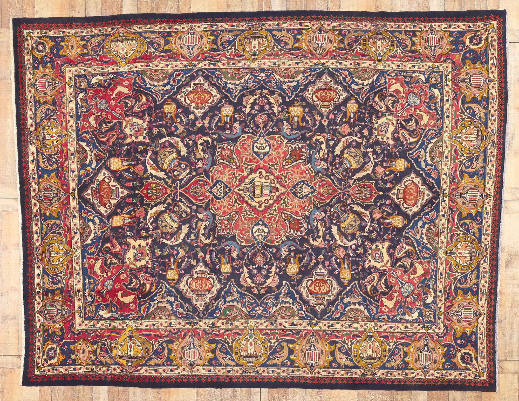 Persischer Zir Khaki Mashhad-Teppich im Vintage-Stil, Jugendstil trifft weltweite Schätze im Angebot 2
