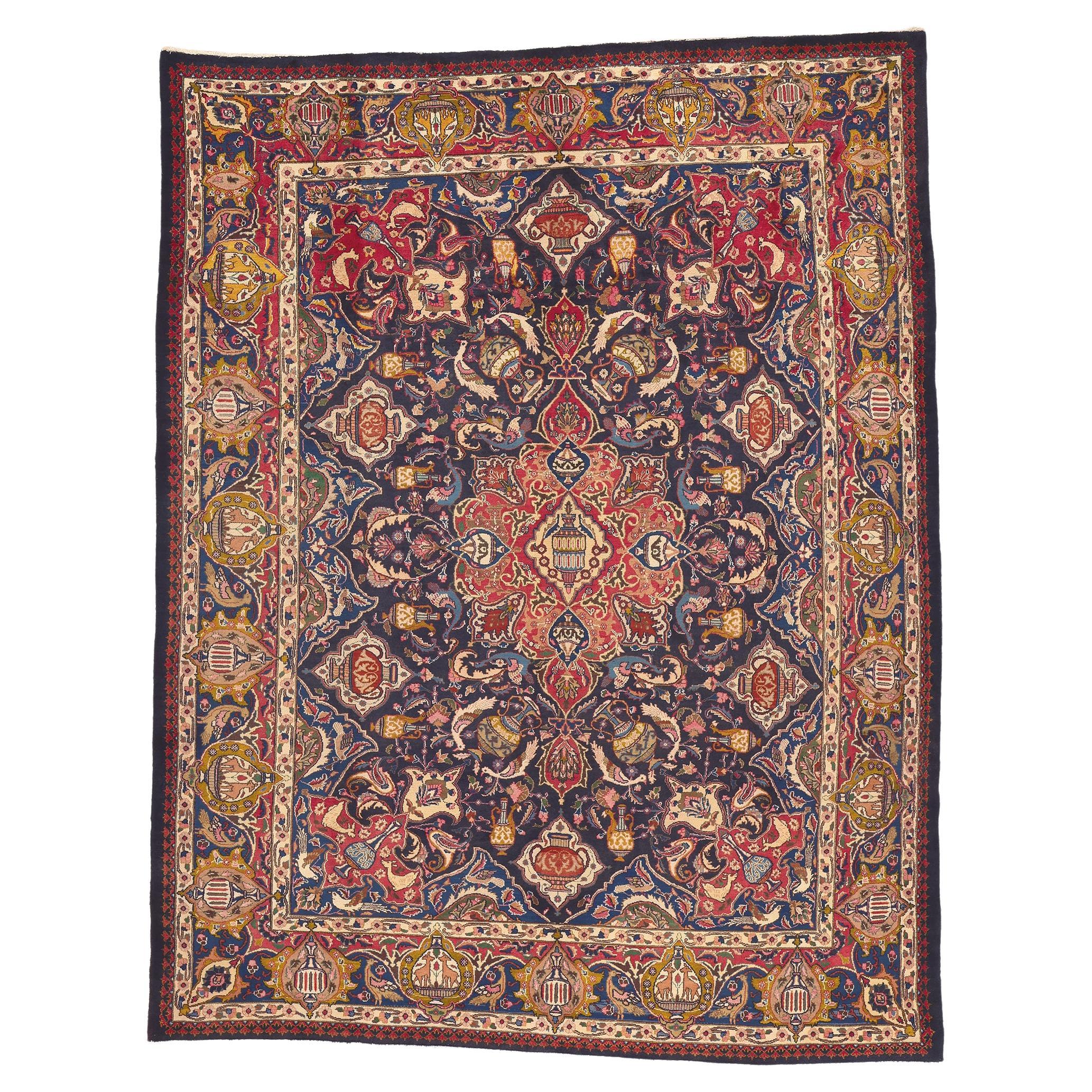 Vintage Persian Zir Khaki Mashhad Rug, Art Nouveau Meets Worldly Treasures