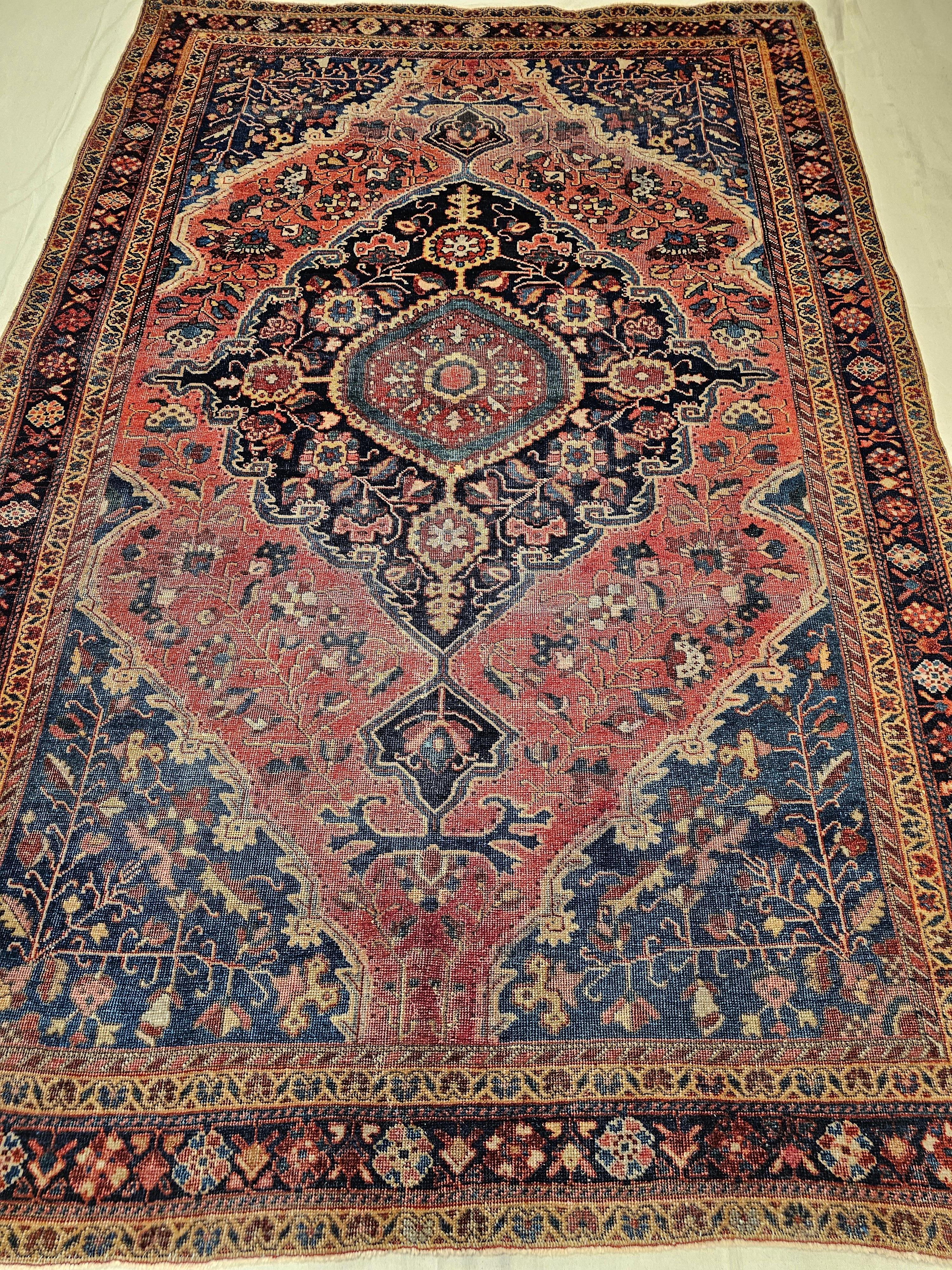 19th Century Persian Farahan Sarouk Area Rug in Rust Red, French Blue, Navy Blue For Sale 6
