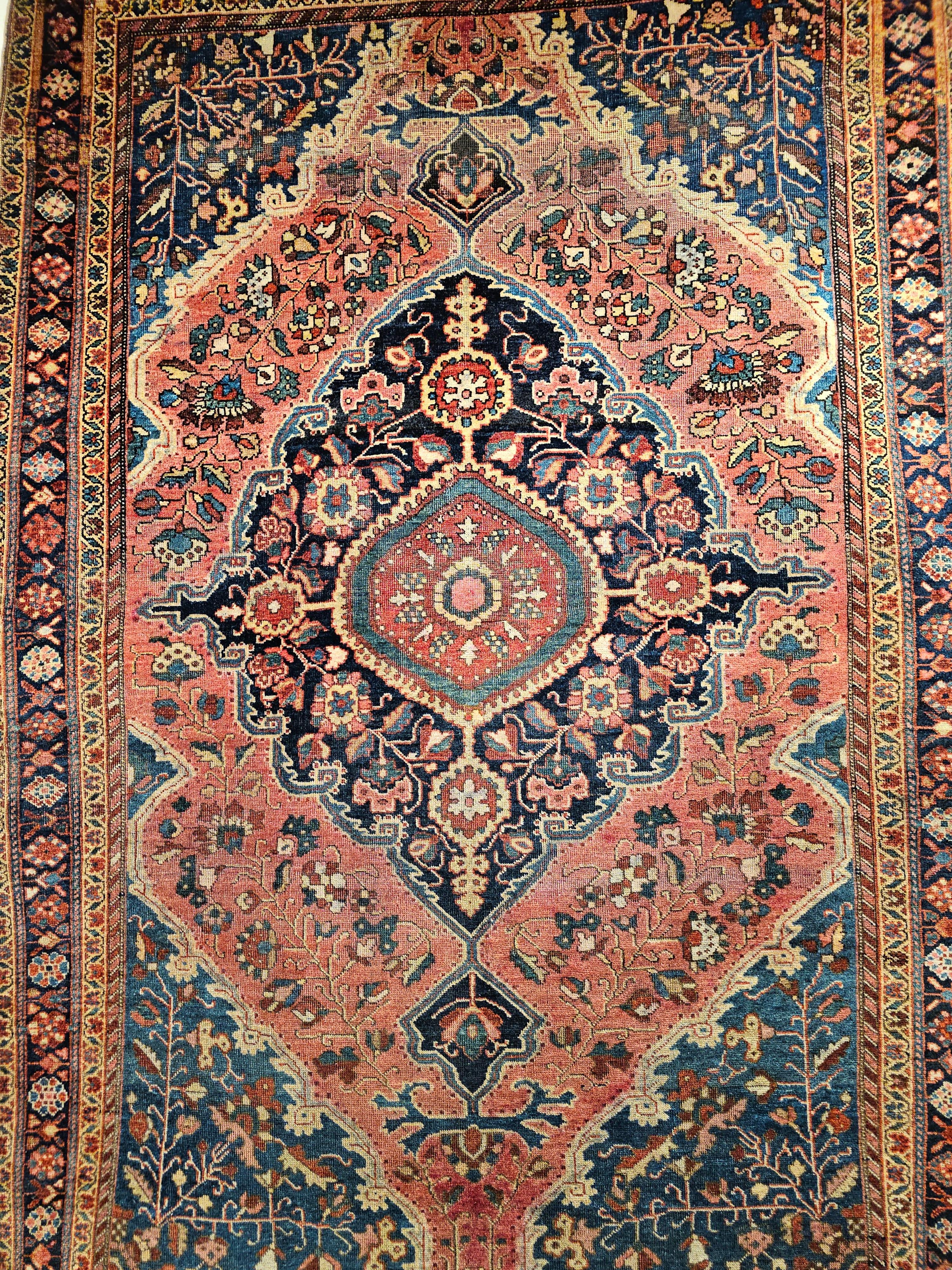 Hand-Knotted 19th Century Persian Farahan Sarouk Area Rug in Rust Red, French Blue, Navy Blue For Sale
