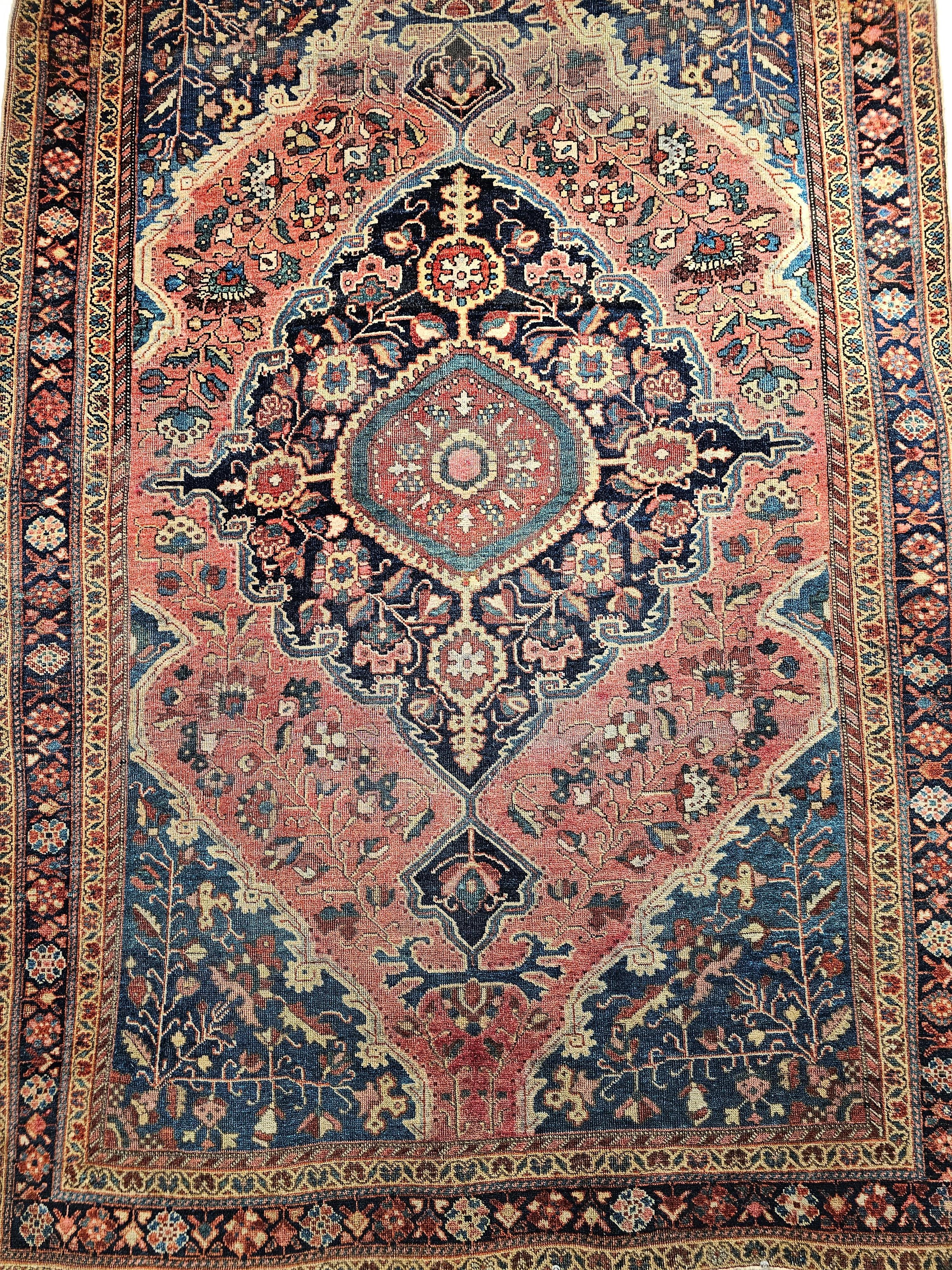 19th Century Persian Farahan Sarouk Area Rug in Rust Red, French Blue, Navy Blue In Good Condition For Sale In Barrington, IL