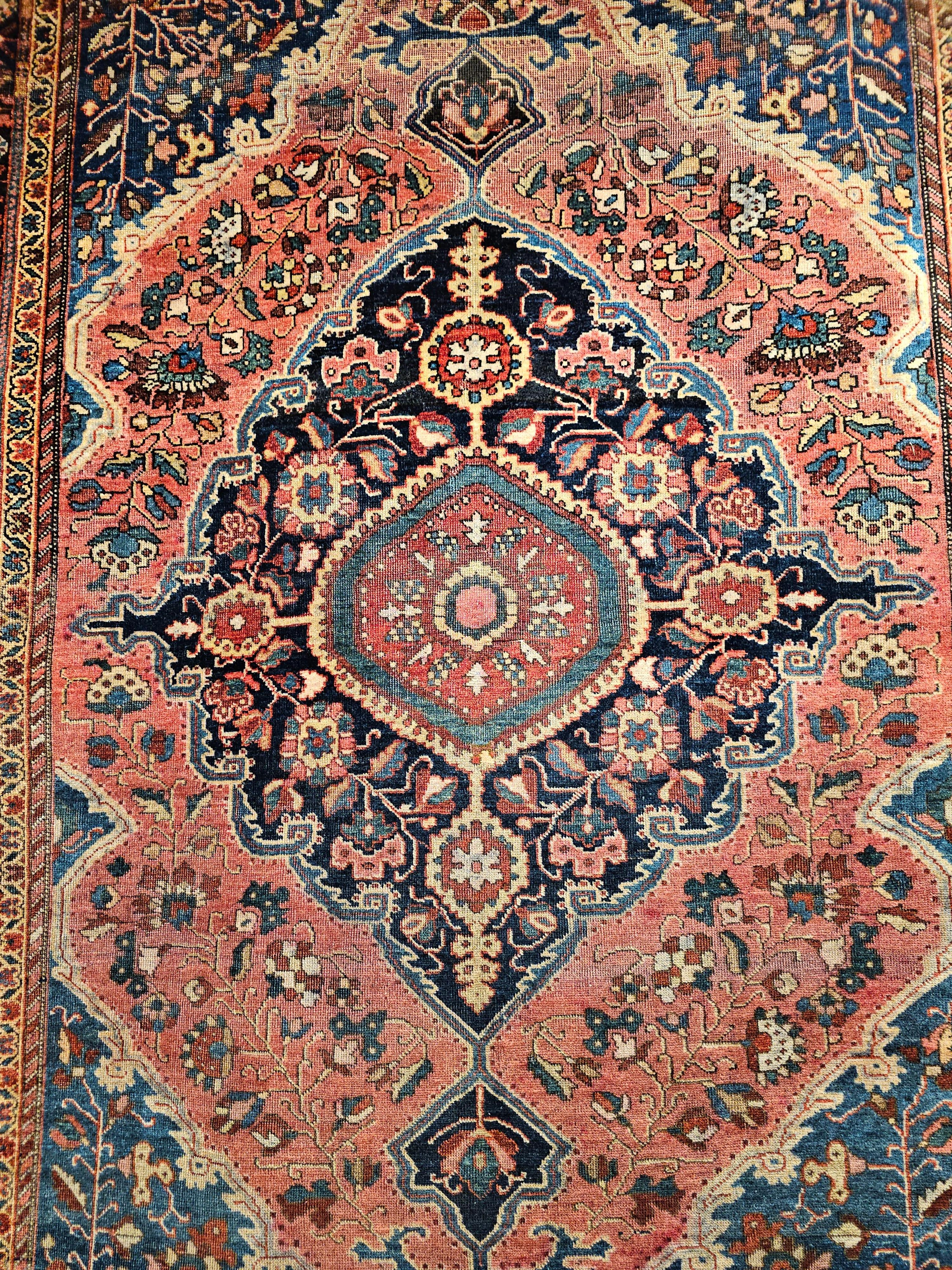 Late 19th Century 19th Century Persian Farahan Sarouk Area Rug in Rust Red, French Blue, Navy Blue For Sale