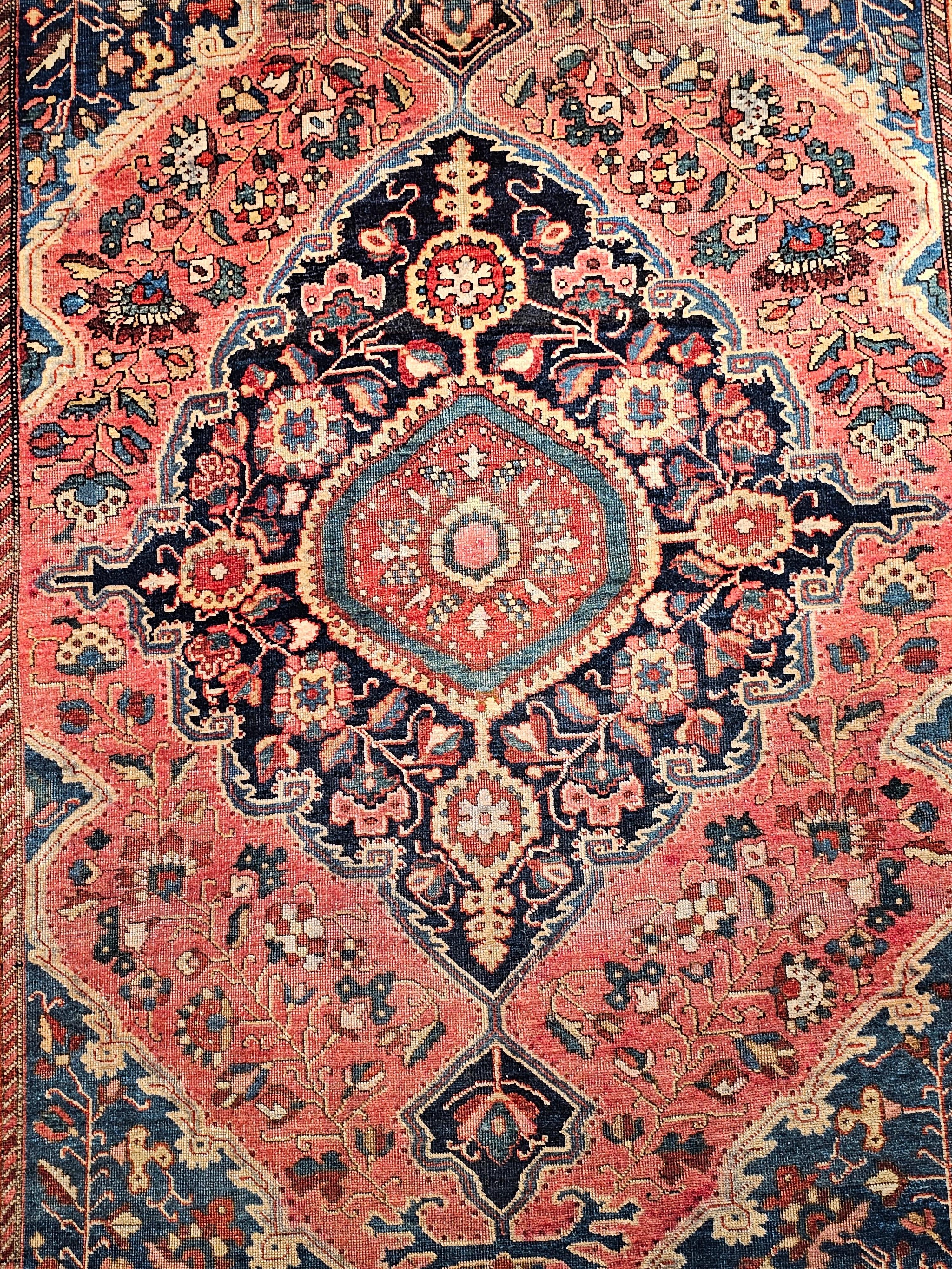 Wool 19th Century Persian Farahan Sarouk Area Rug in Rust Red, French Blue, Navy Blue For Sale