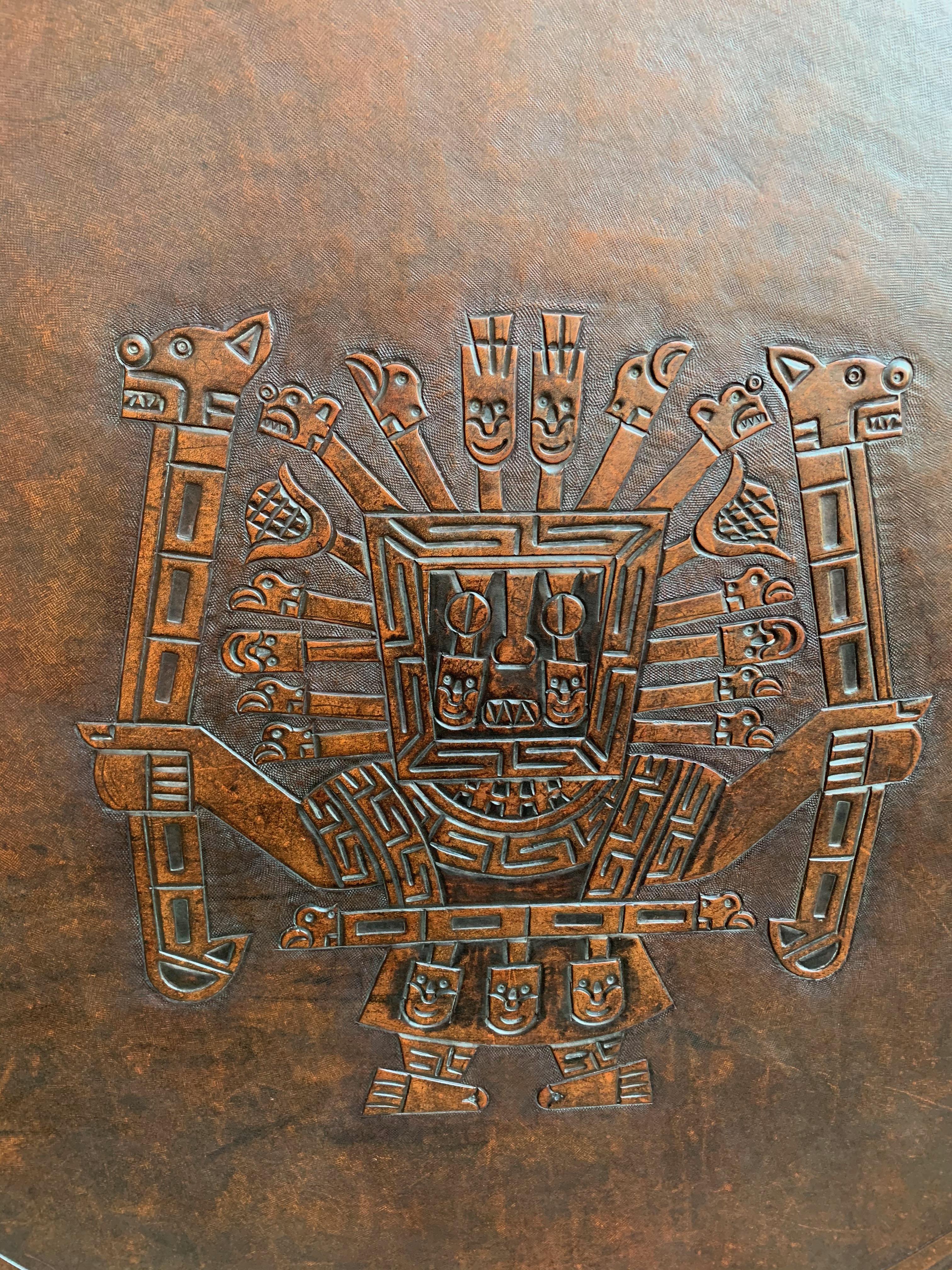 Vintage Peruvian Embossed Leather Wood Round Coffee Table Ottoman Greek Key Azte 2