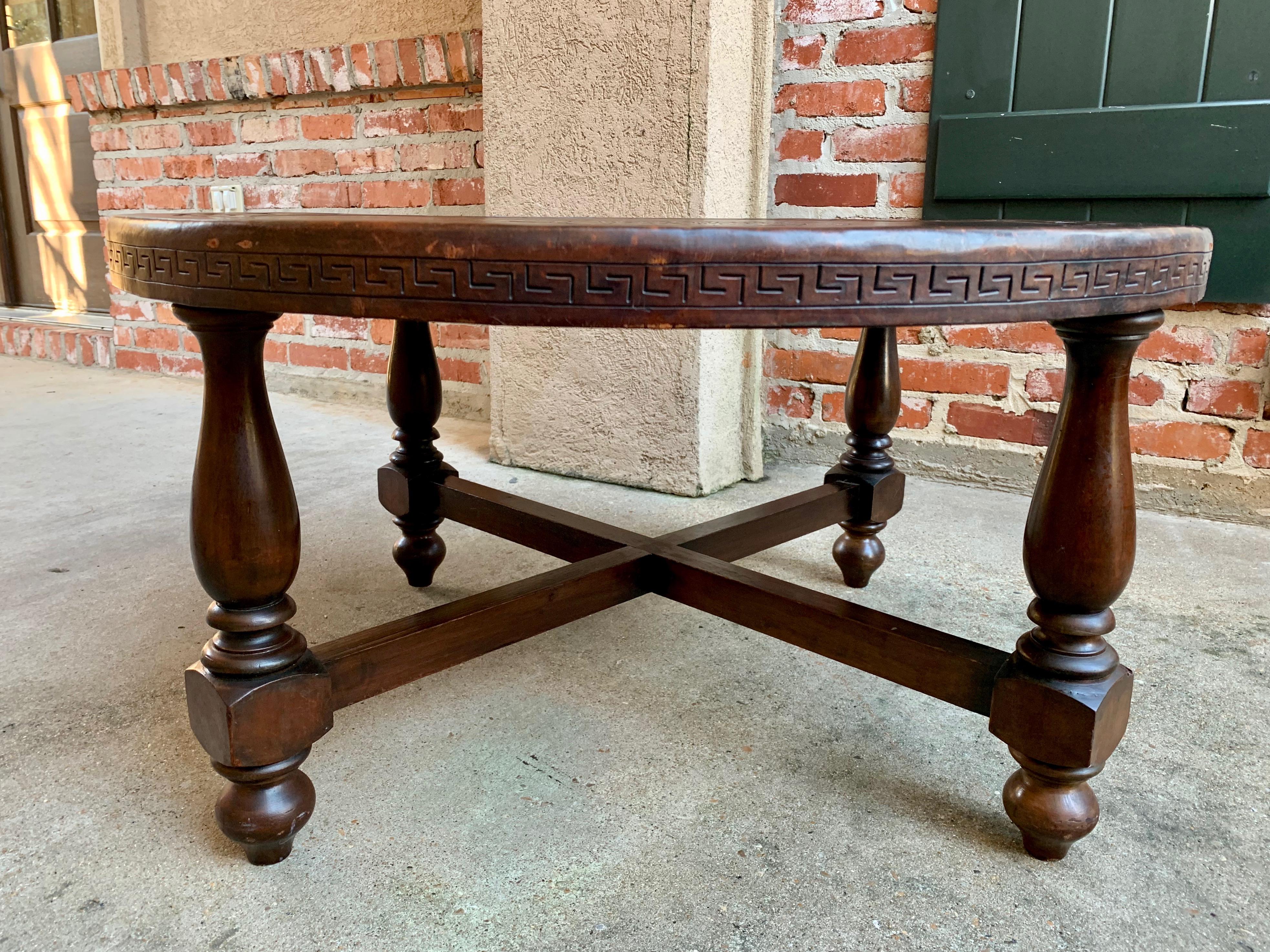 Vintage Peruvian Embossed Leather Wood Round Coffee Table Ottoman Greek Key Azte 3