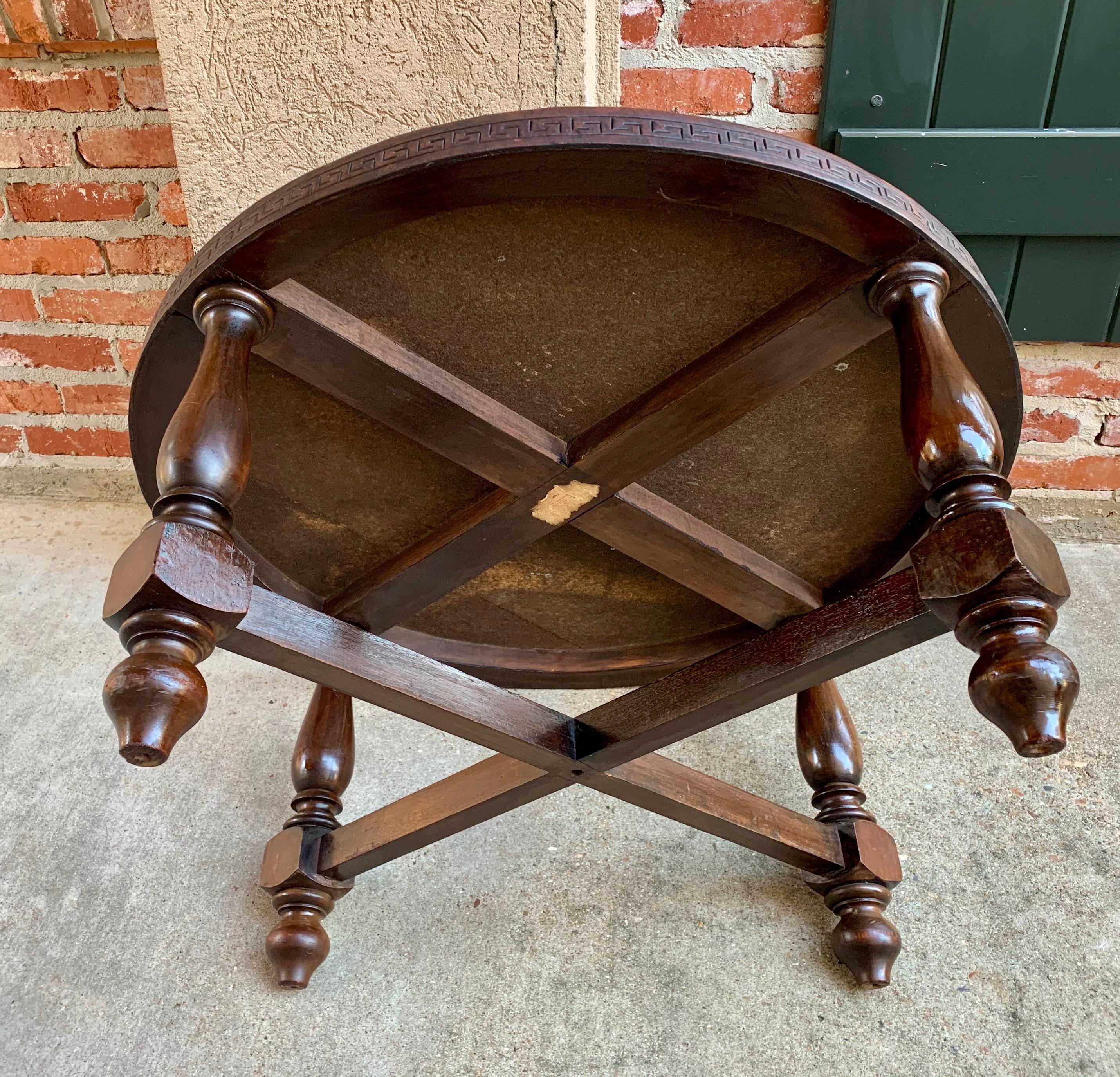 Vintage Peruvian Embossed Leather Wood Round Coffee Table Ottoman Greek Key Azte 4