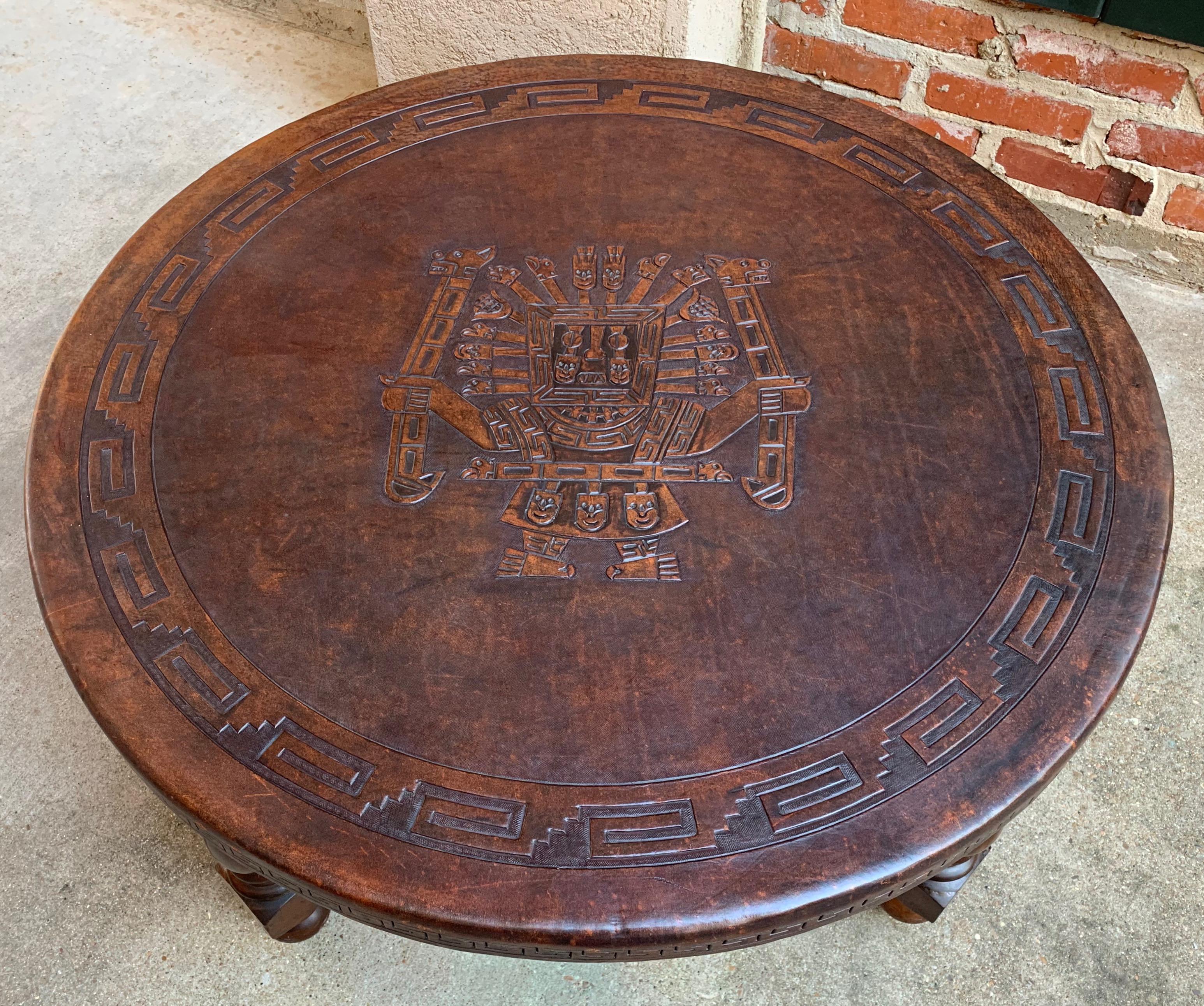 Bohemian Vintage Peruvian Embossed Leather Wood Round Coffee Table Ottoman Greek Key Azte