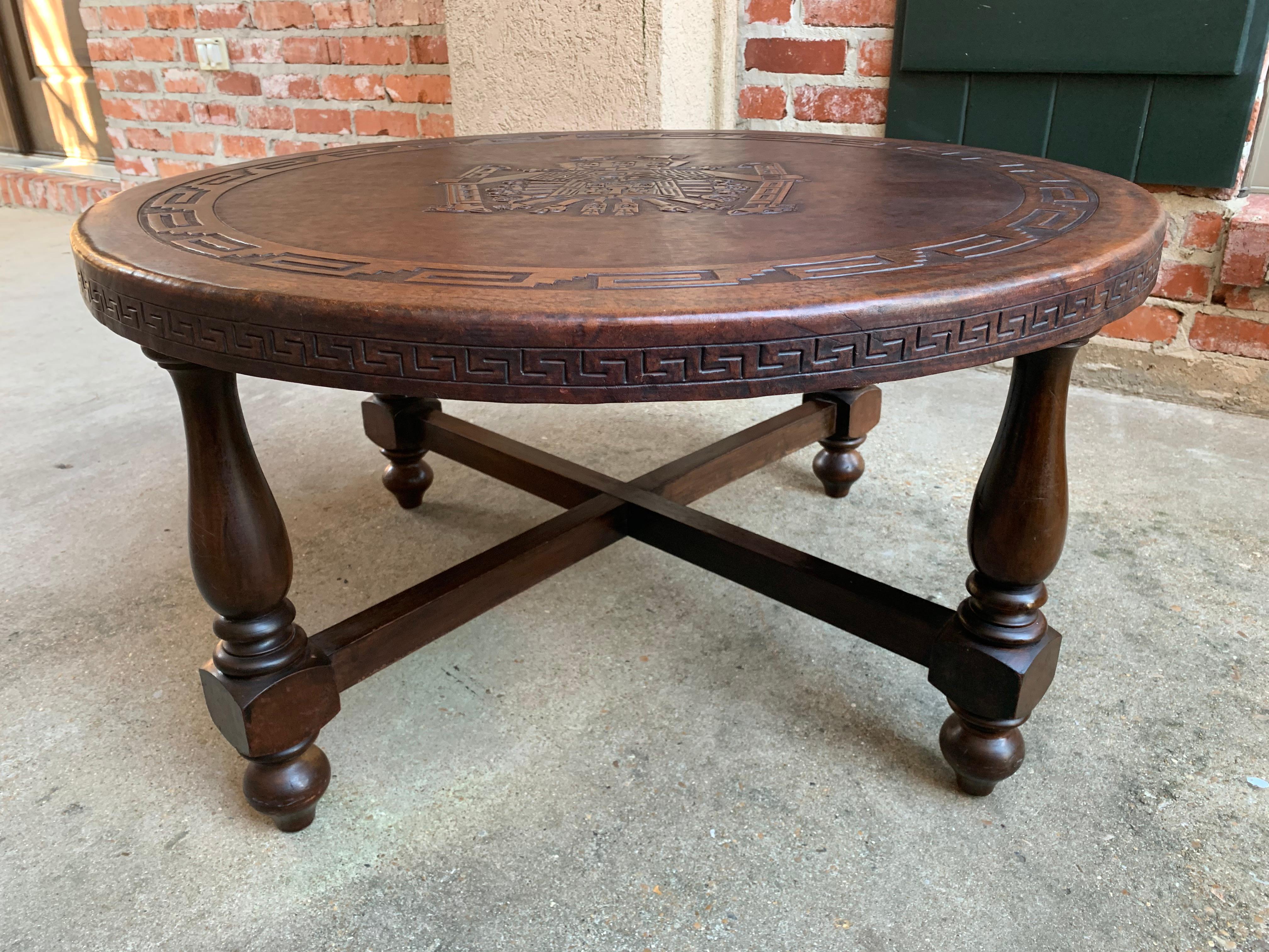 20th Century Vintage Peruvian Embossed Leather Wood Round Coffee Table Ottoman Greek Key Azte