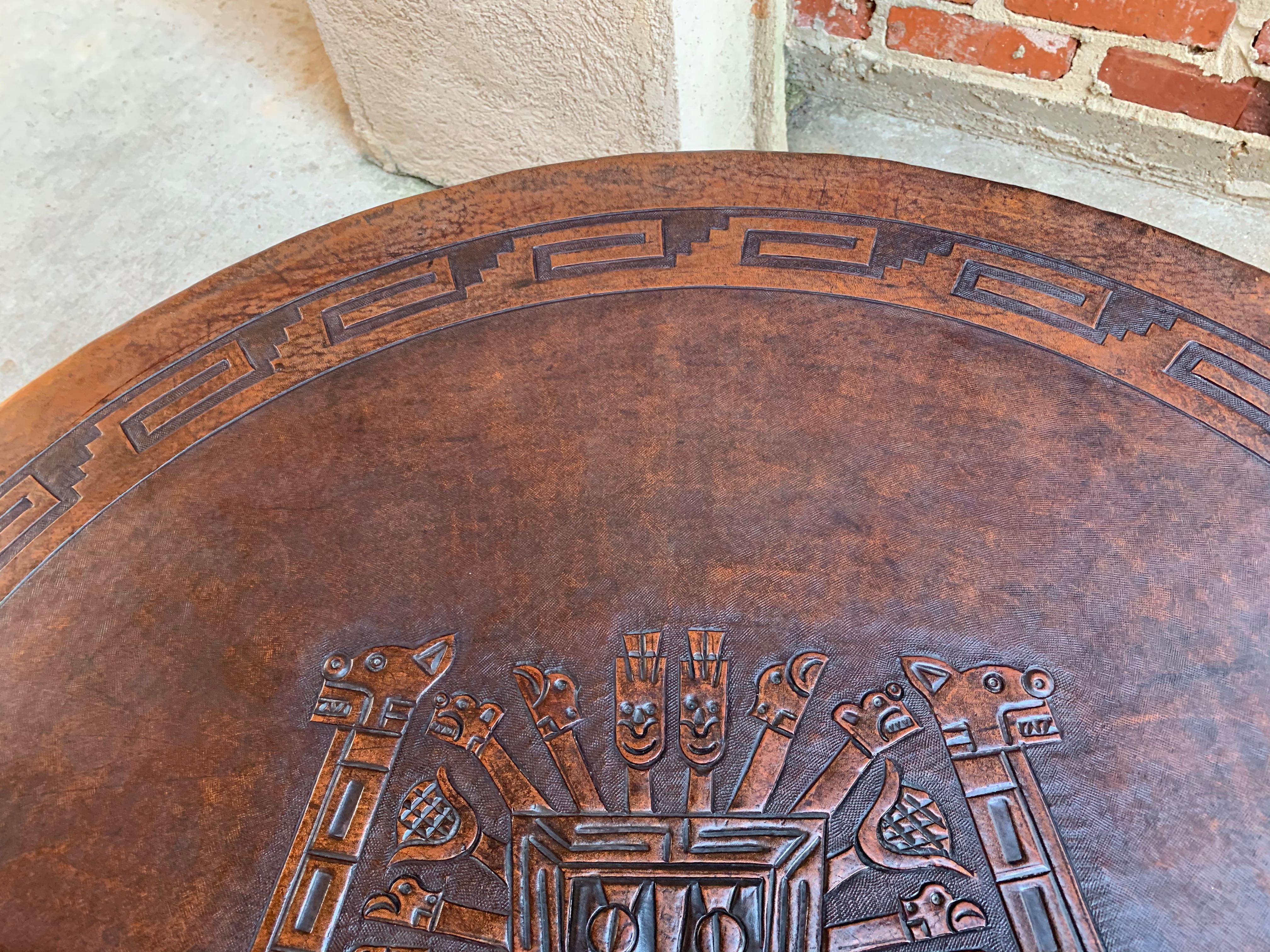 Vintage Peruvian Embossed Leather Wood Round Coffee Table Ottoman Greek Key Azte 1