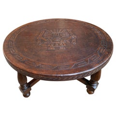 Vintage Peruvian Embossed Leather Wood Round Coffee Table Ottoman Greek Key Azte