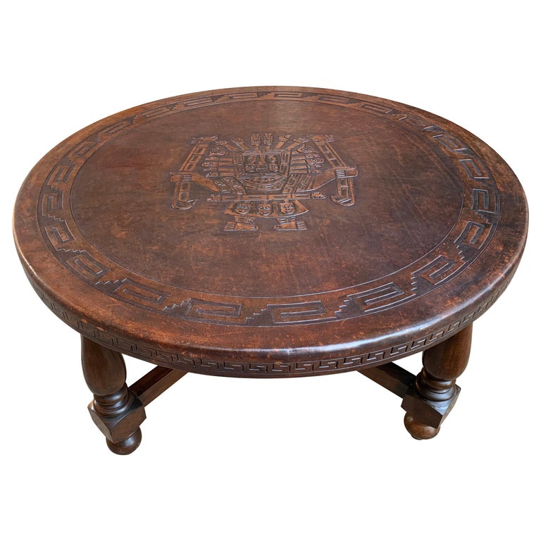 Vintage Peruvian Embossed Leather Wood, Round Leather Ottoman Coffee Table