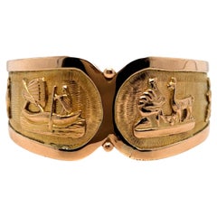 Vintage Peruvian Figural 18K Yellow Gold Bangle Bracelet