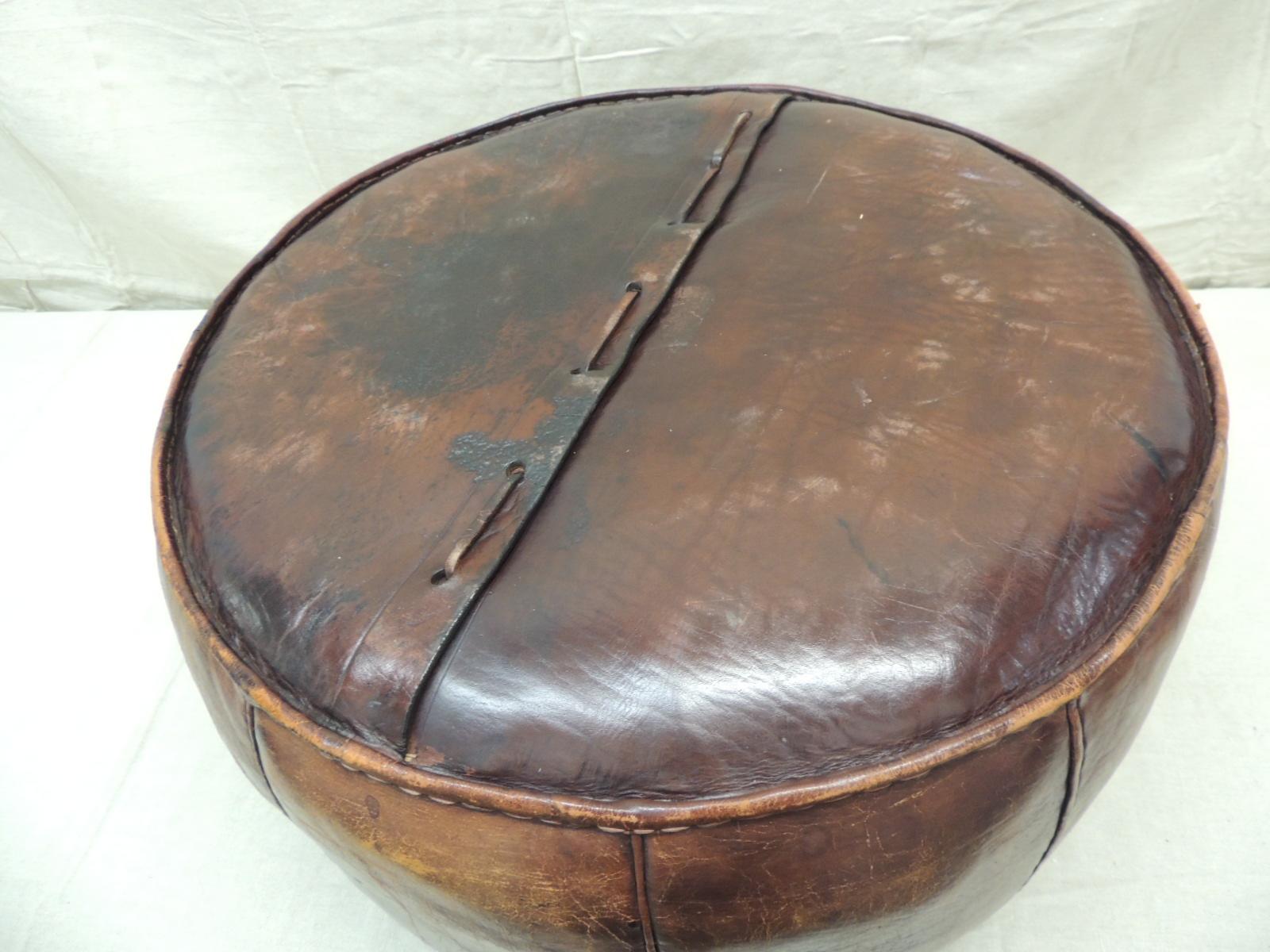 Mid-Century Modern Vintage Peruvian Leather Ottoman with Handles