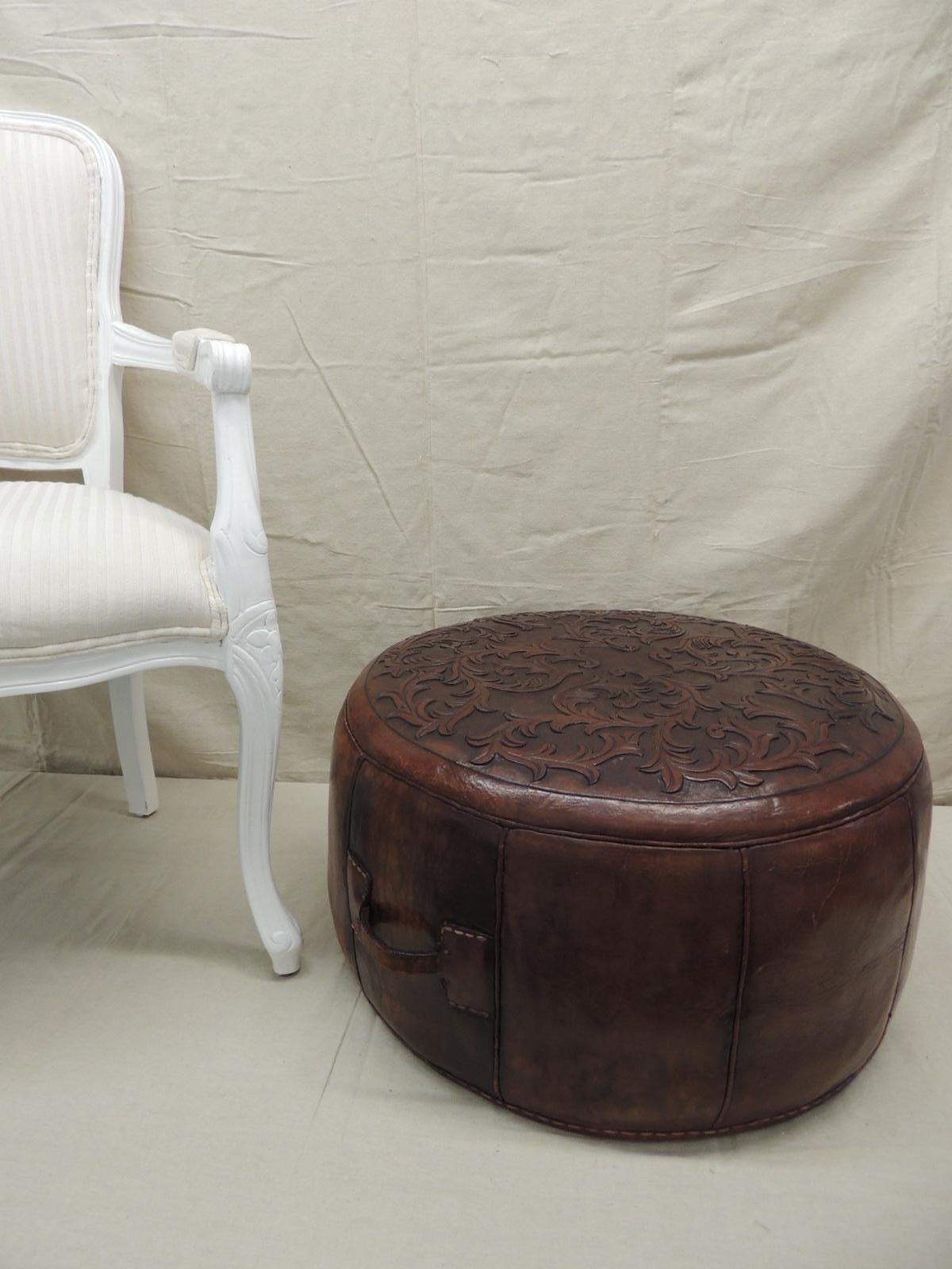 Embossed Vintage Peruvian Leather Ottoman with Handles