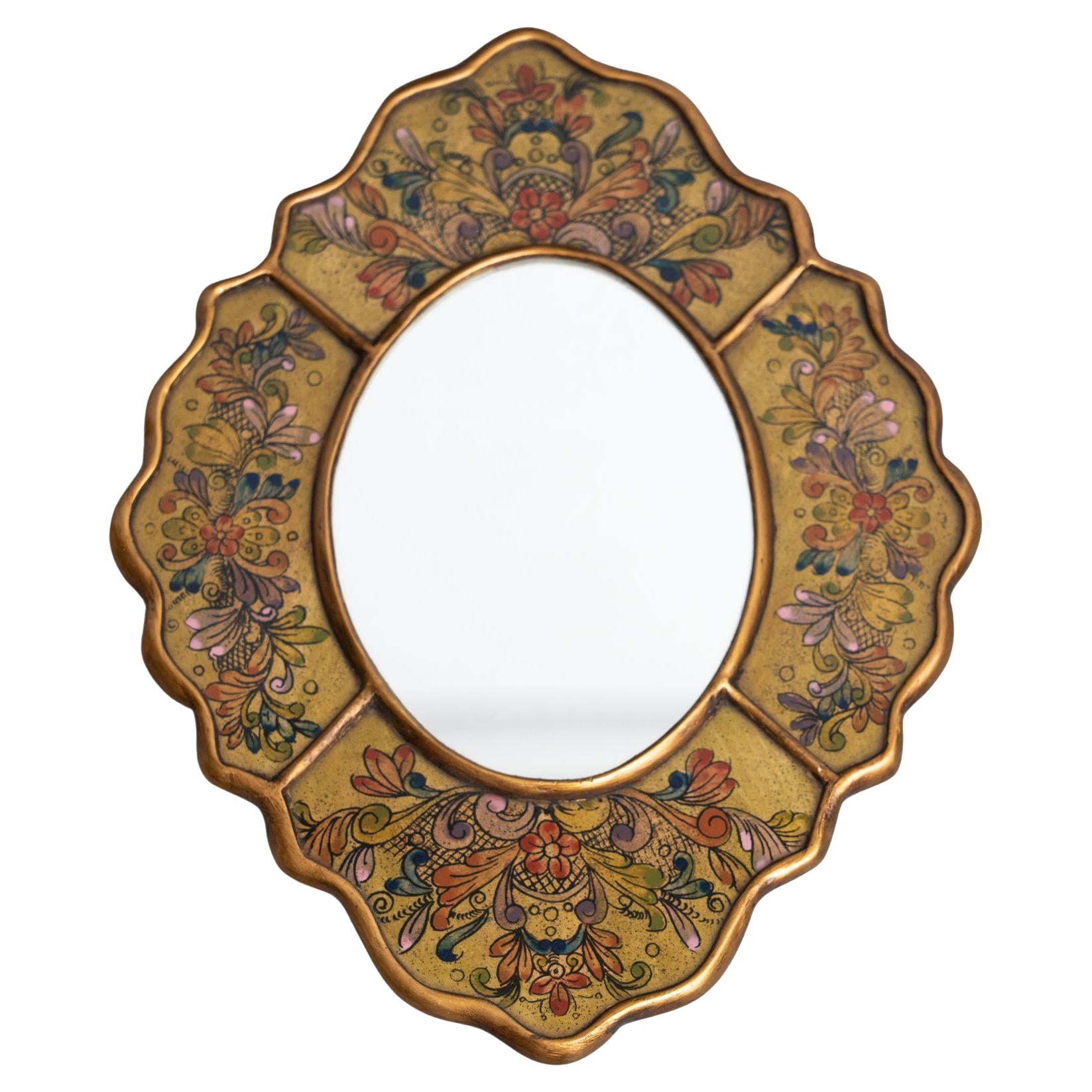 Specchio da parete peruviano vintage di metà secolo dipinto a mano in legno