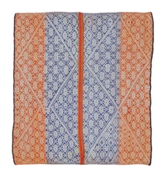 Vintage Peruvian Square Kilim, Blue & Orange Diamond Lattice Design-Rug & Kilim