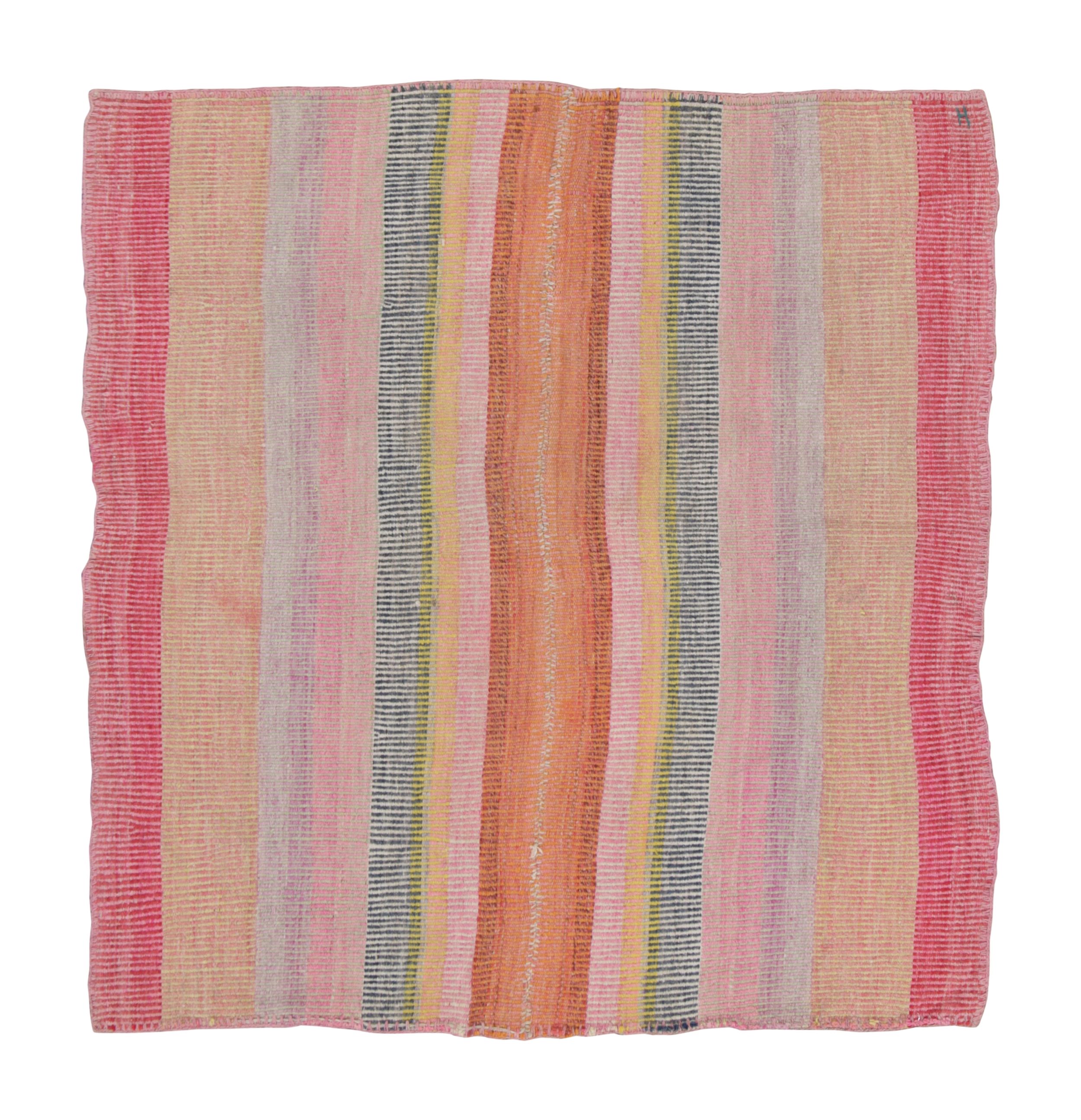 Vintage Peruvian Square Kilim, Muted Pink & Orange Striped Design - Rug & Kilim
