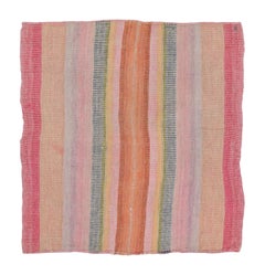 Vintage Peruvian Square Kilim, Muted Pink & Orange Striped Design - Rug & Kilim