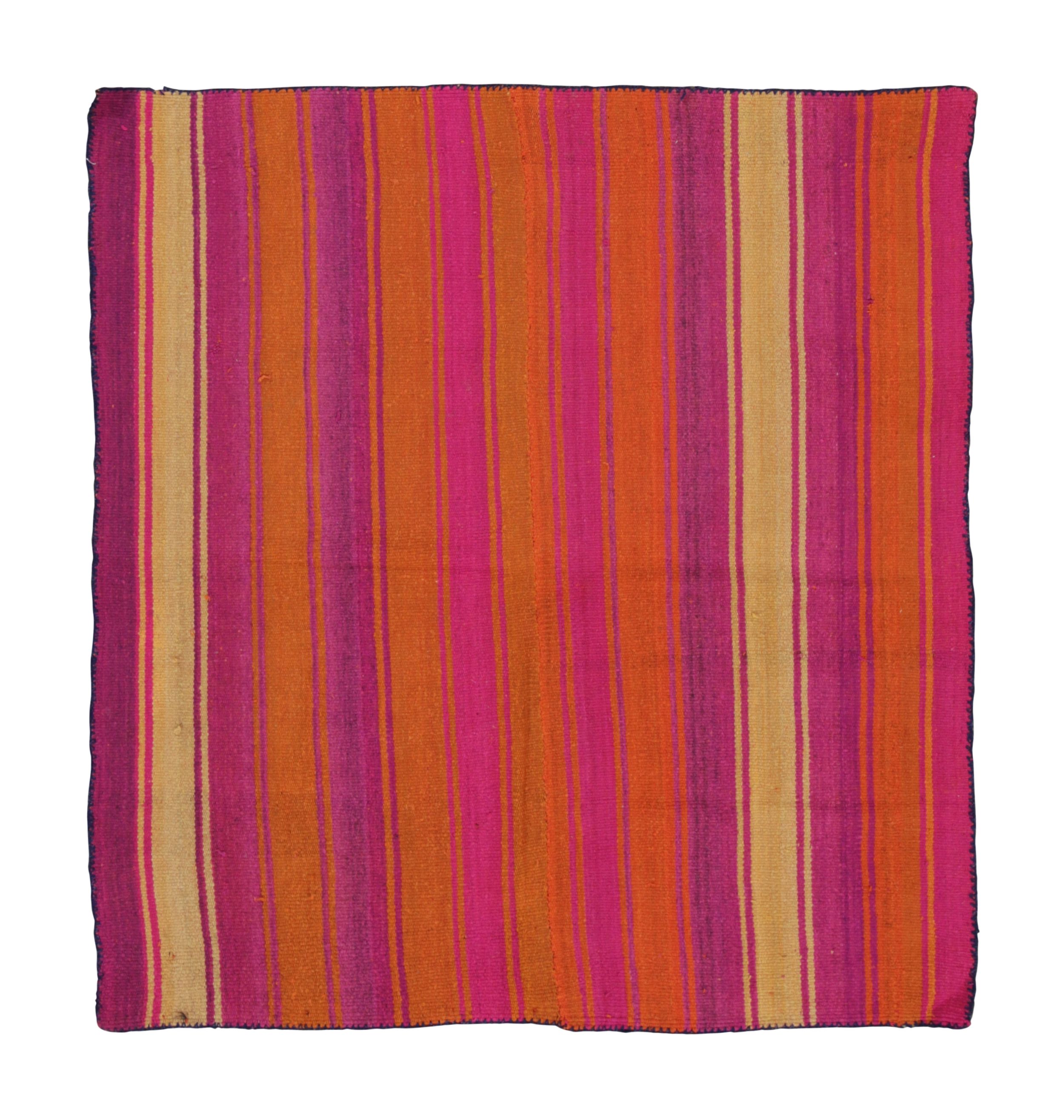 Vintage Peruvian Square Kilim, Pink & Orange Striped Tribal Design - Rug & Kilim