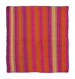Vintage Peruvian Square Kilim, Pink & Orange Striped Tribal Design - Rug & Kilim