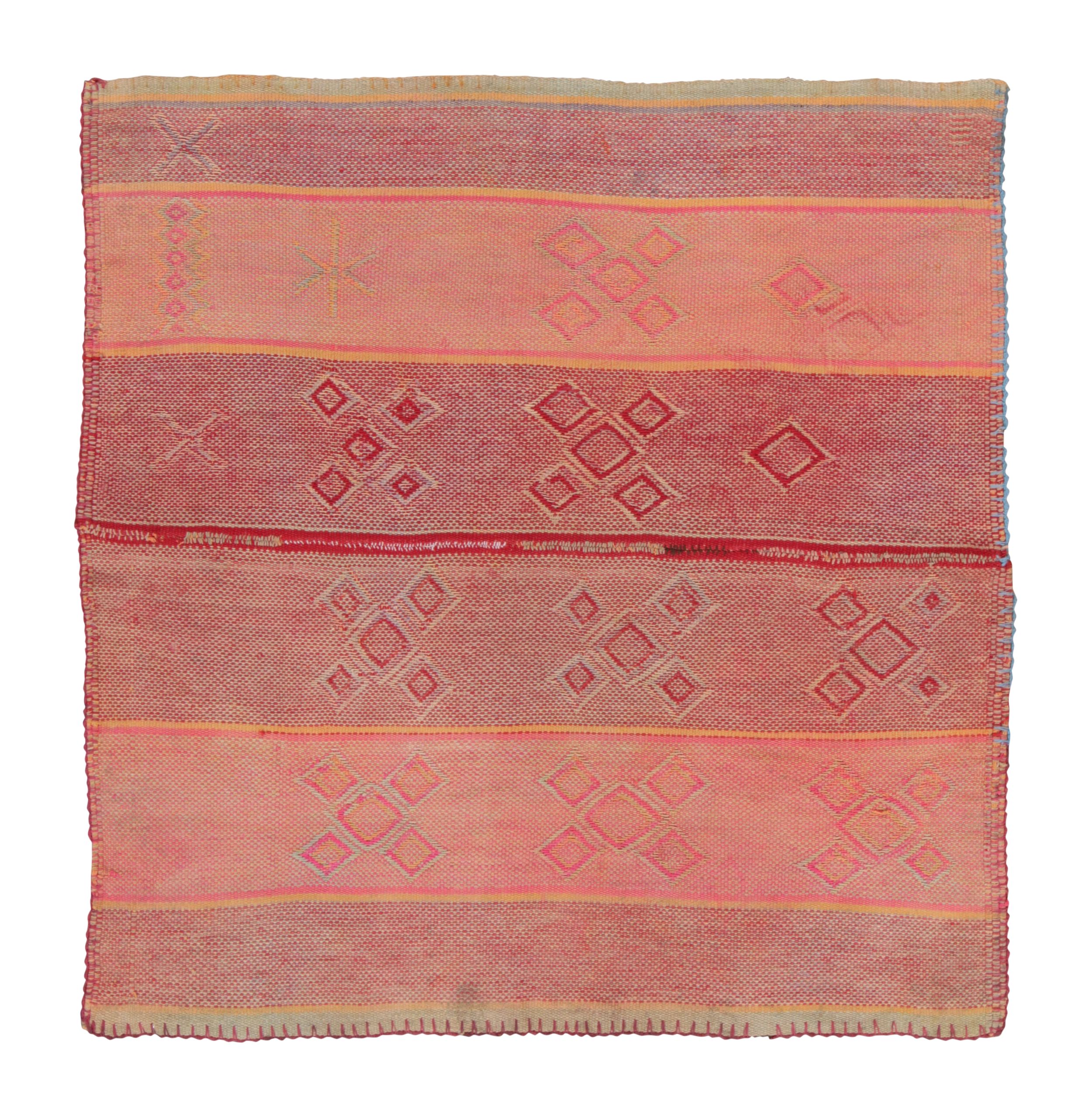 Vintage Peruvian Square Kilim, Pink & Red Geometric Striped Design - Rug & Kilim