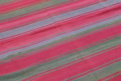 Vintage Peruvian Square Kilim, Pink & Sage Striped Pattern - Rug & Kilim