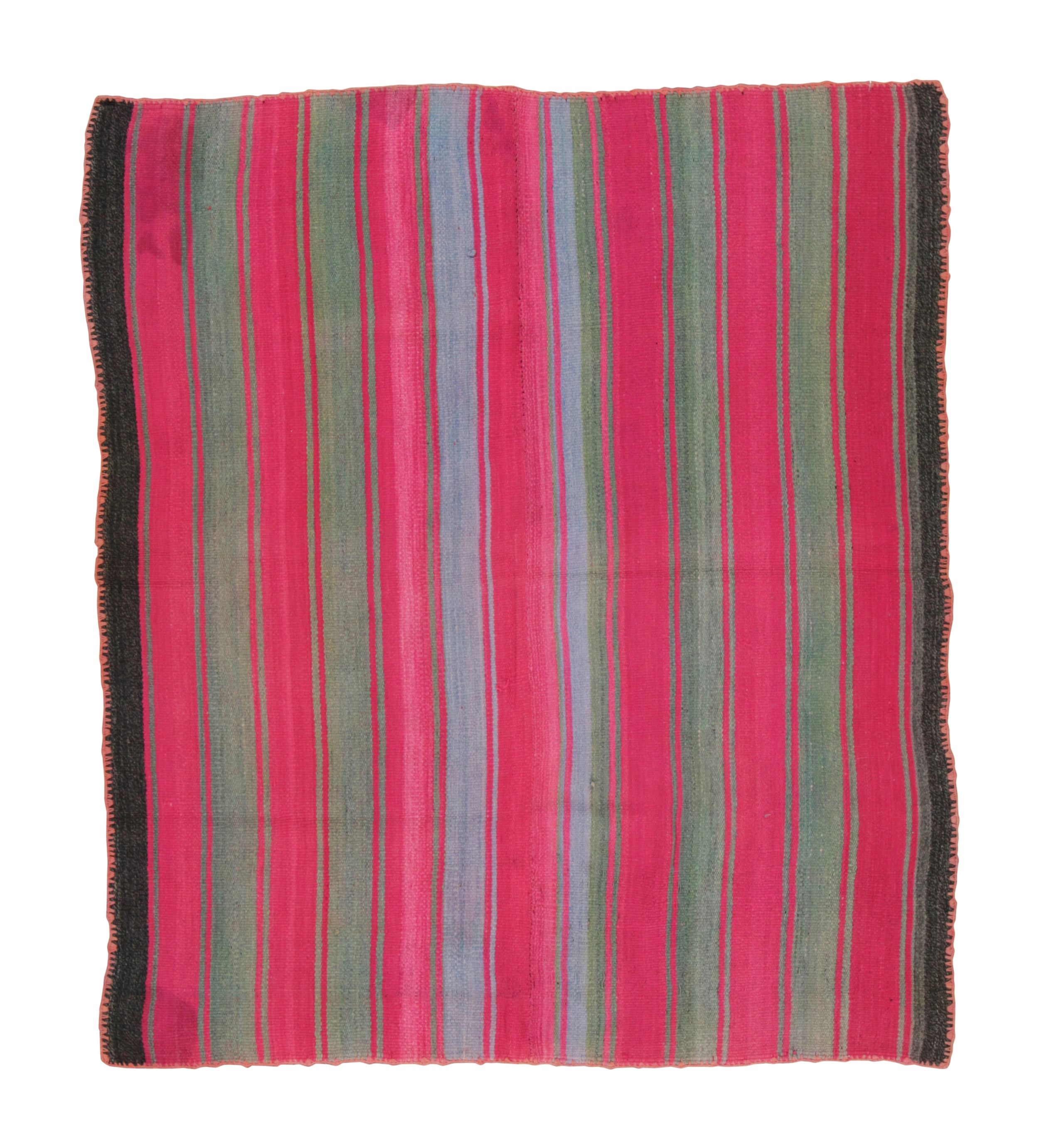 Vintage Peruvian Square Kilim, Pink & Sage Striped Pattern - Rug & Kilim For Sale
