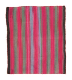 Vintage Peruvian Square Kilim, Pink & Sage Striped Pattern - Rug & Kilim