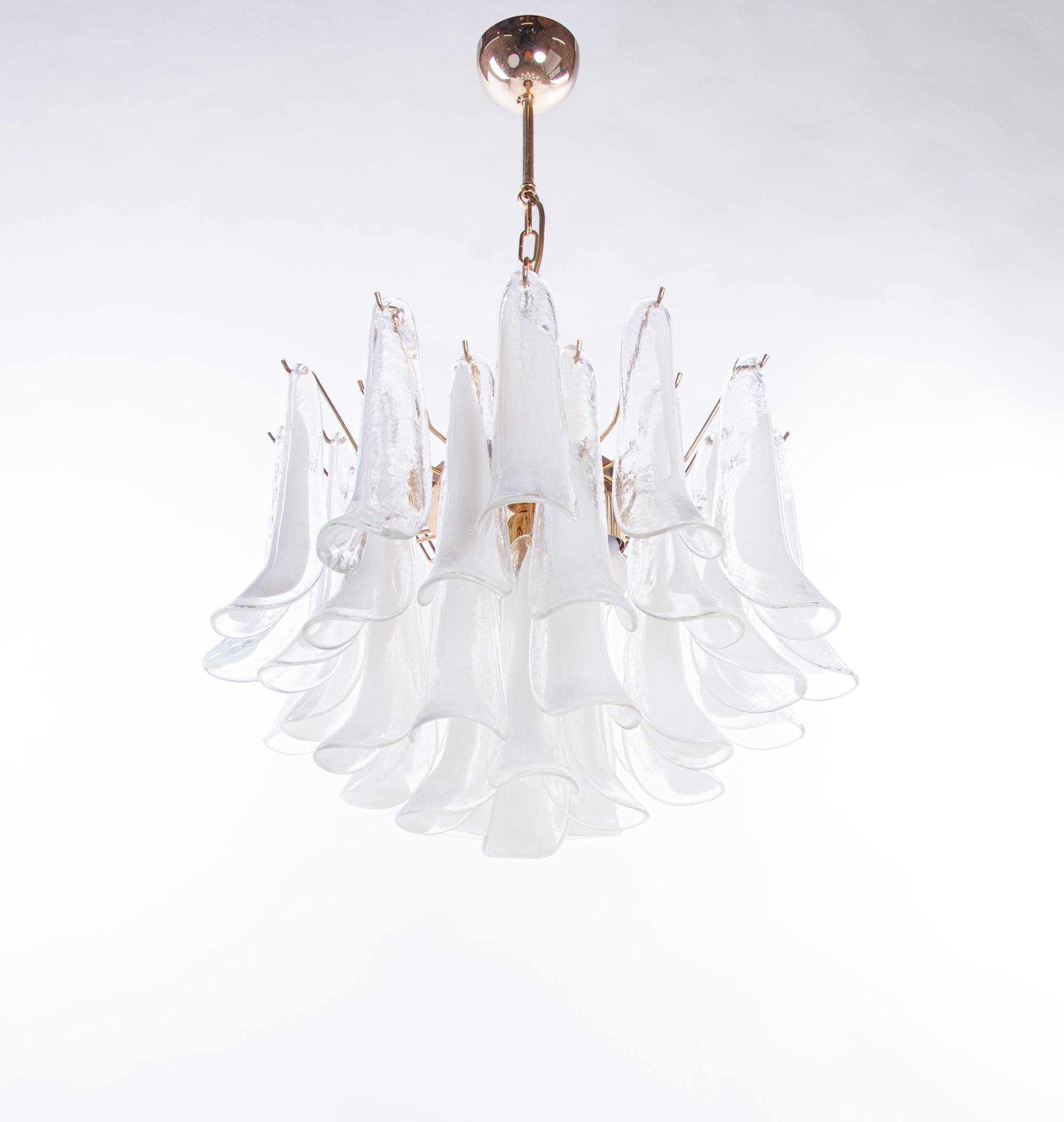 Elegant large vintage chandelier with 36 white and clear hand blown Murano glass petals on a golden frame. Each lamp petal is unique and partially marked with an 