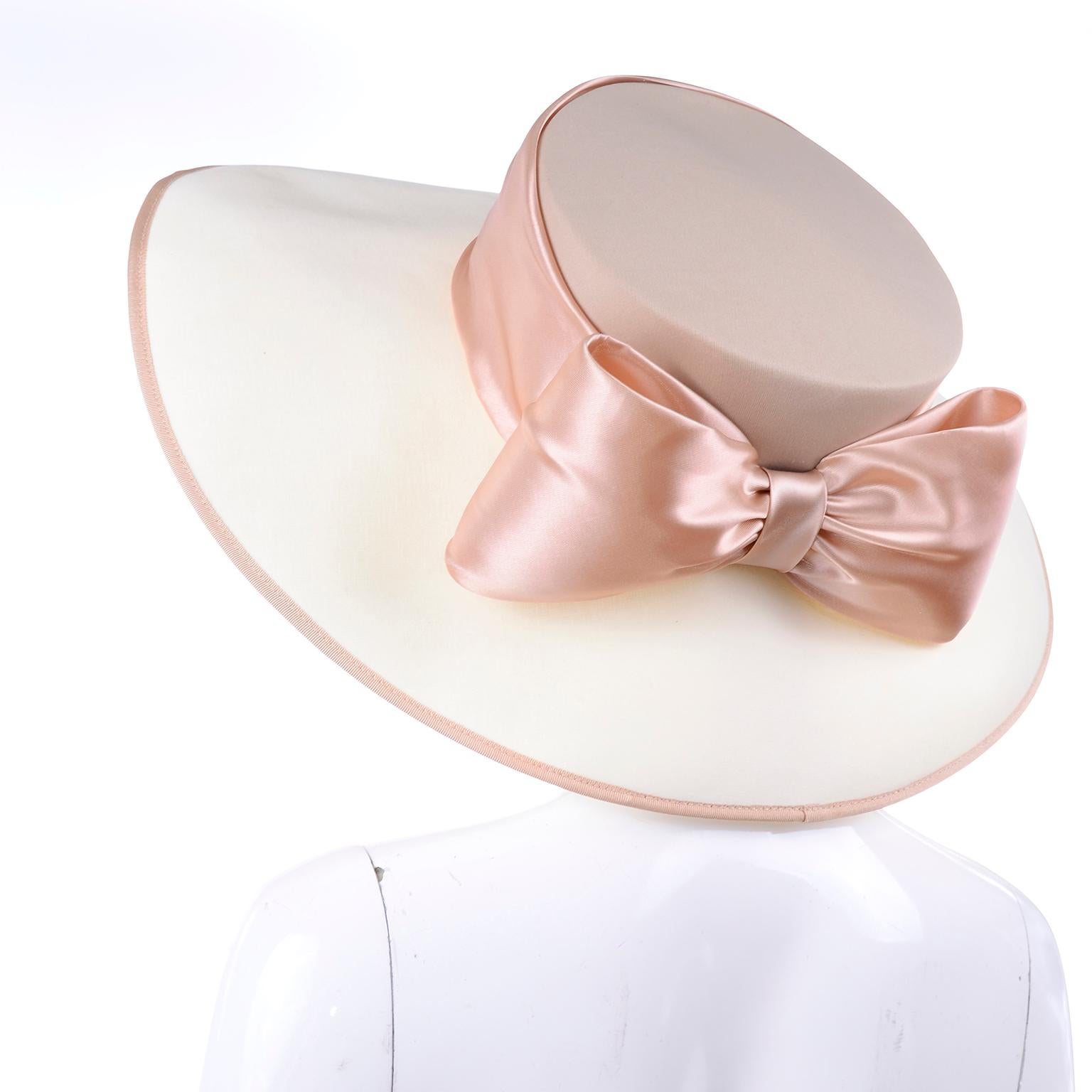 Beige Vintage Peter Bettley London Milliner Cream & Peach Wide Brim Hat W Ribbon & Bow